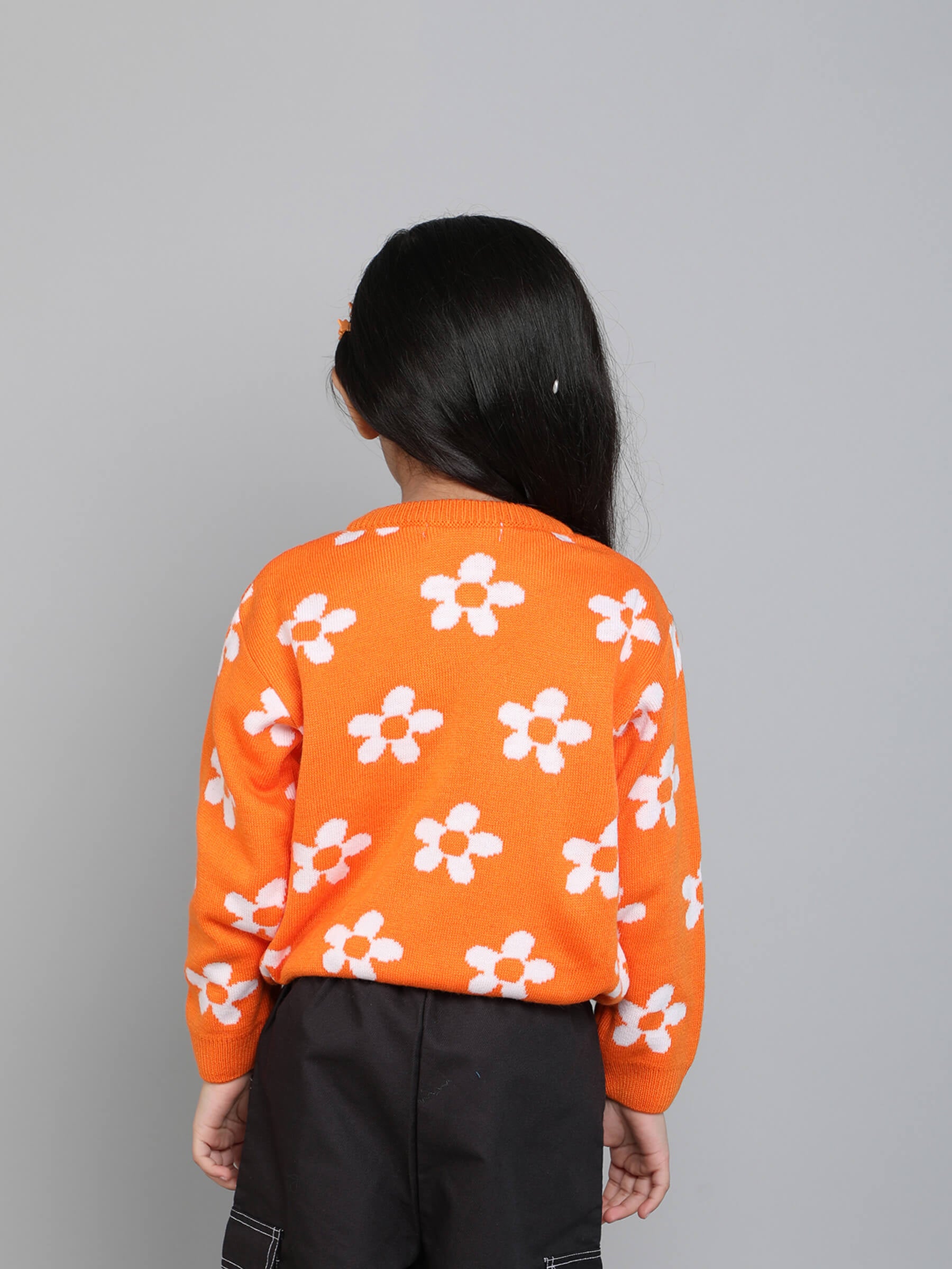 floral-knit full sleeves pullover sweater-Orange