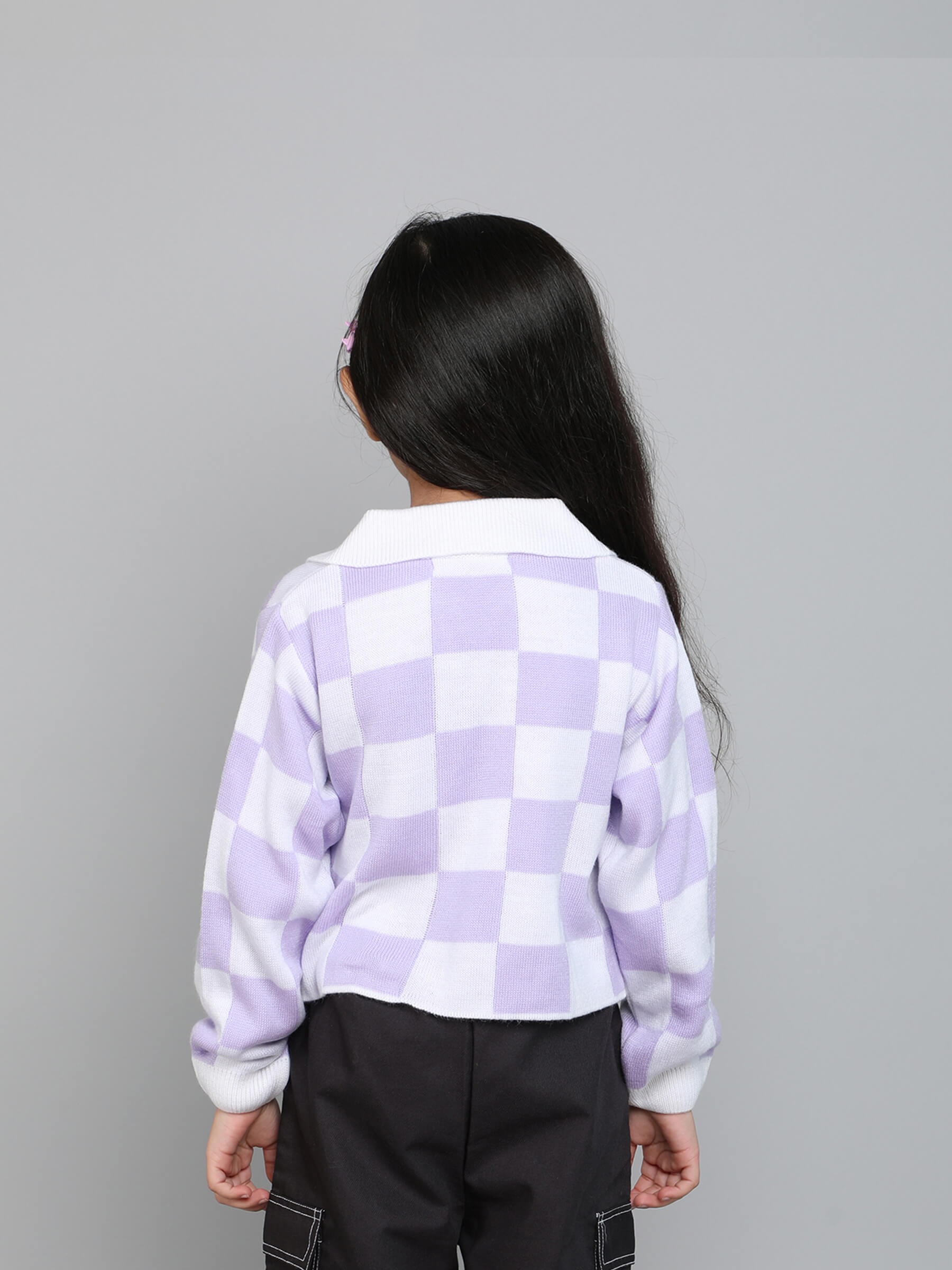 full sleeves collar neck checked crop Sweater-Lilac/white