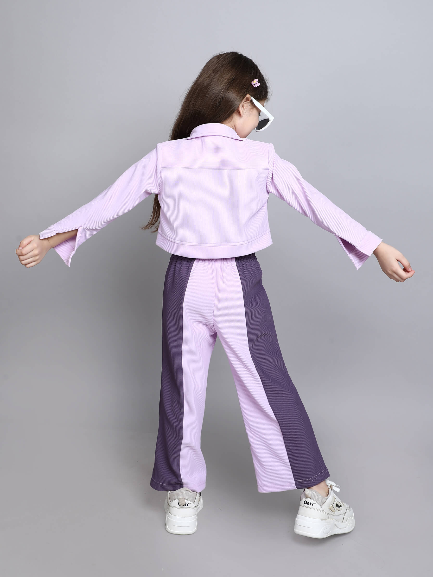 solid jacket with color block pants and singlet crop top monochromatic set-Lavender purple