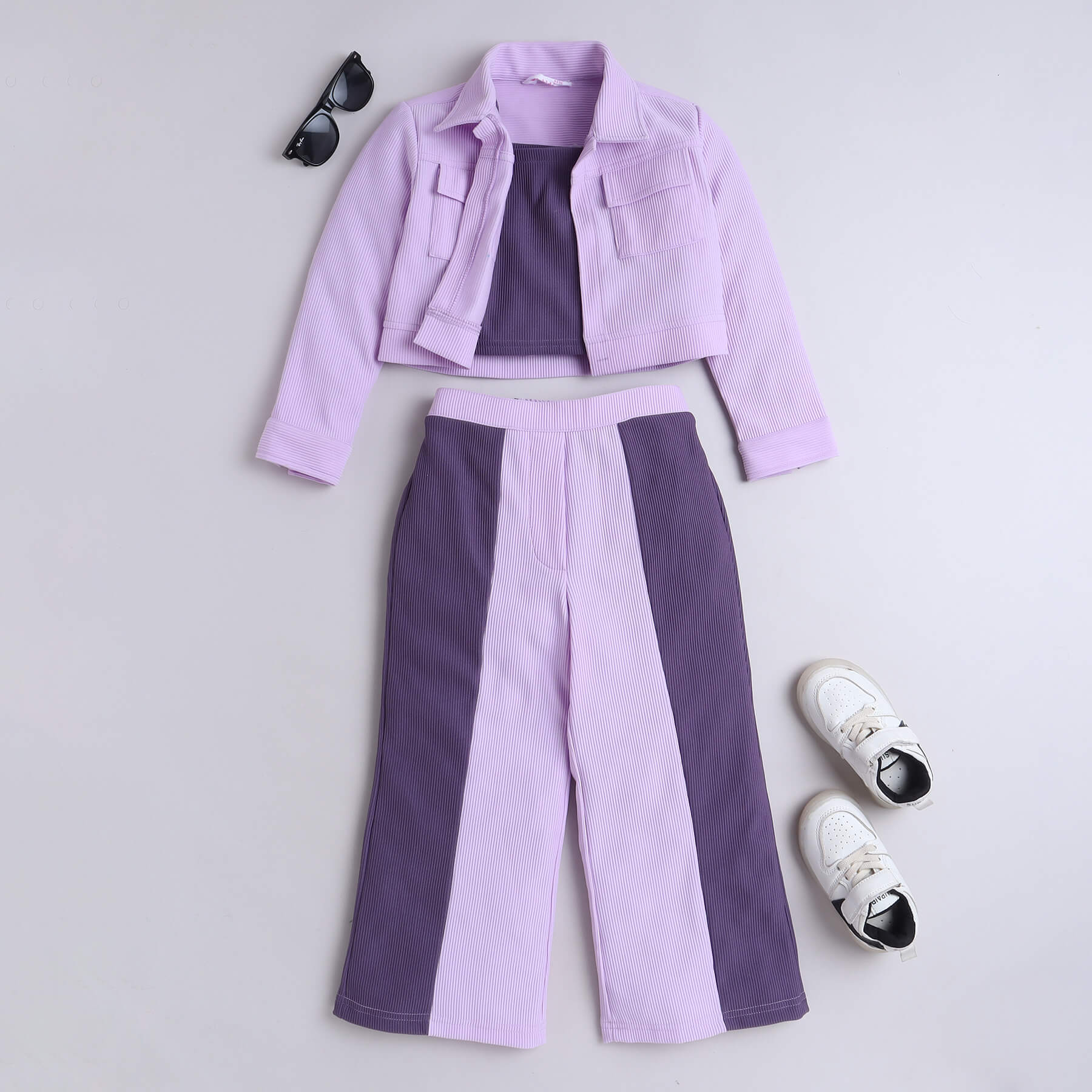 solid jacket with color block pants and singlet crop top monochromatic set-Lavender purple