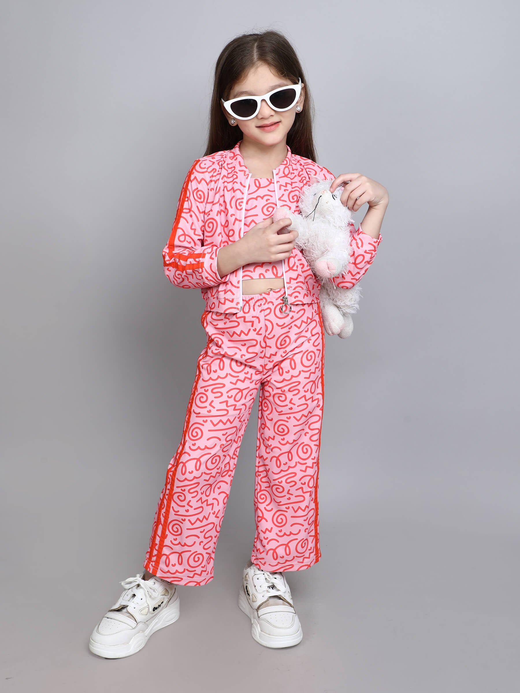 doodle printed tape detail full sleeves jacket with matching singlet crop top and pant set-Pink/Orange