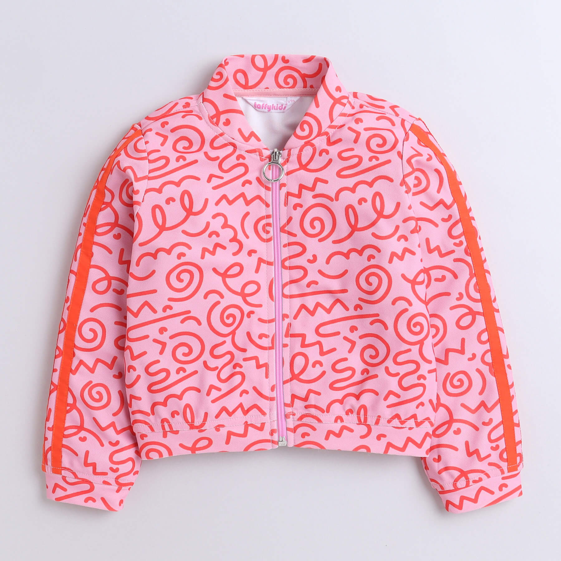 doodle printed tape detail full sleeves jacket with matching singlet crop top and pant set-Pink/Orange