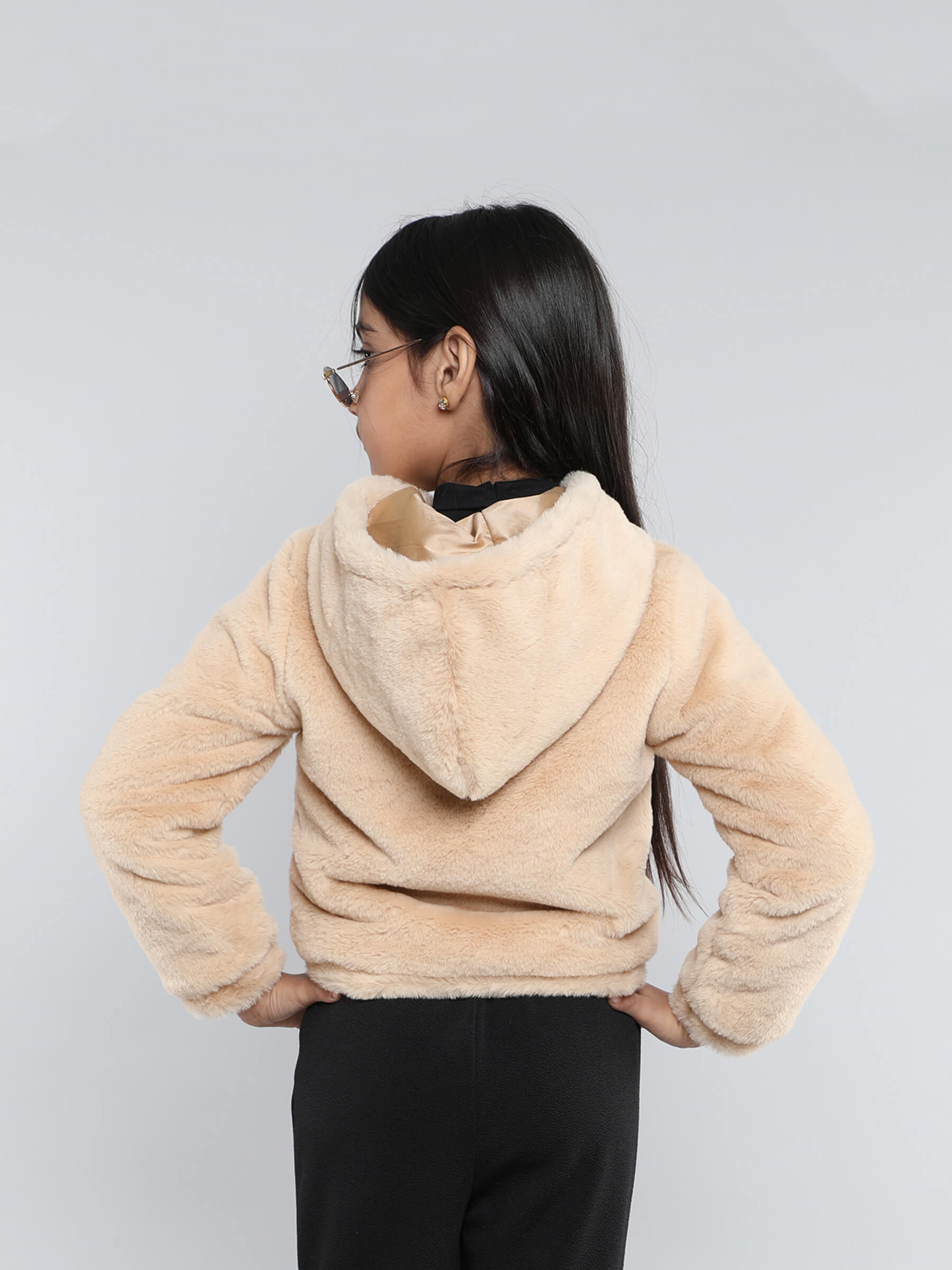 Fur full sleeves zip up hoodie-Beige