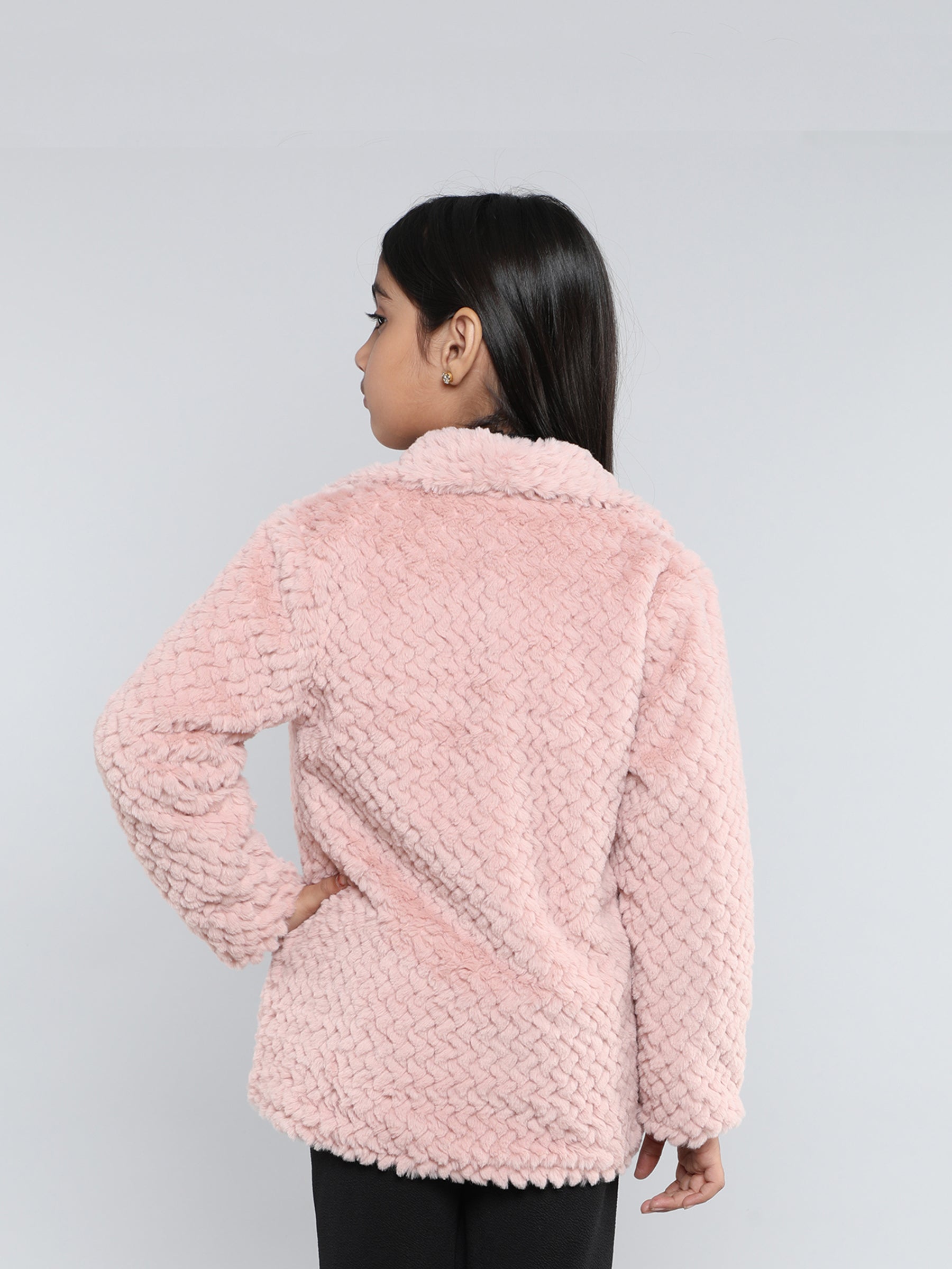 Full sleeves faux fur collared Jacket-Peach