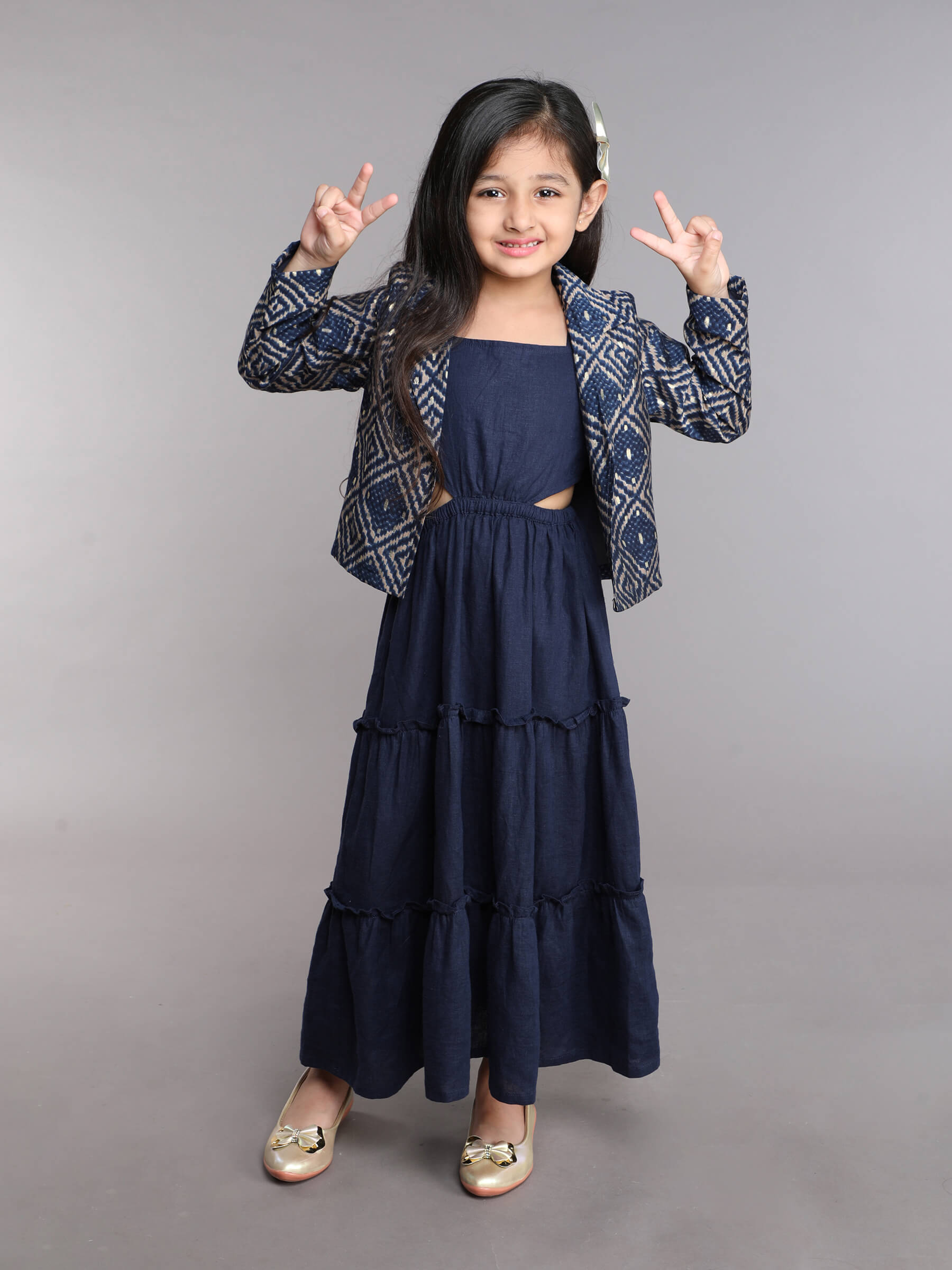 brocade jacket with back tie up gown - navy