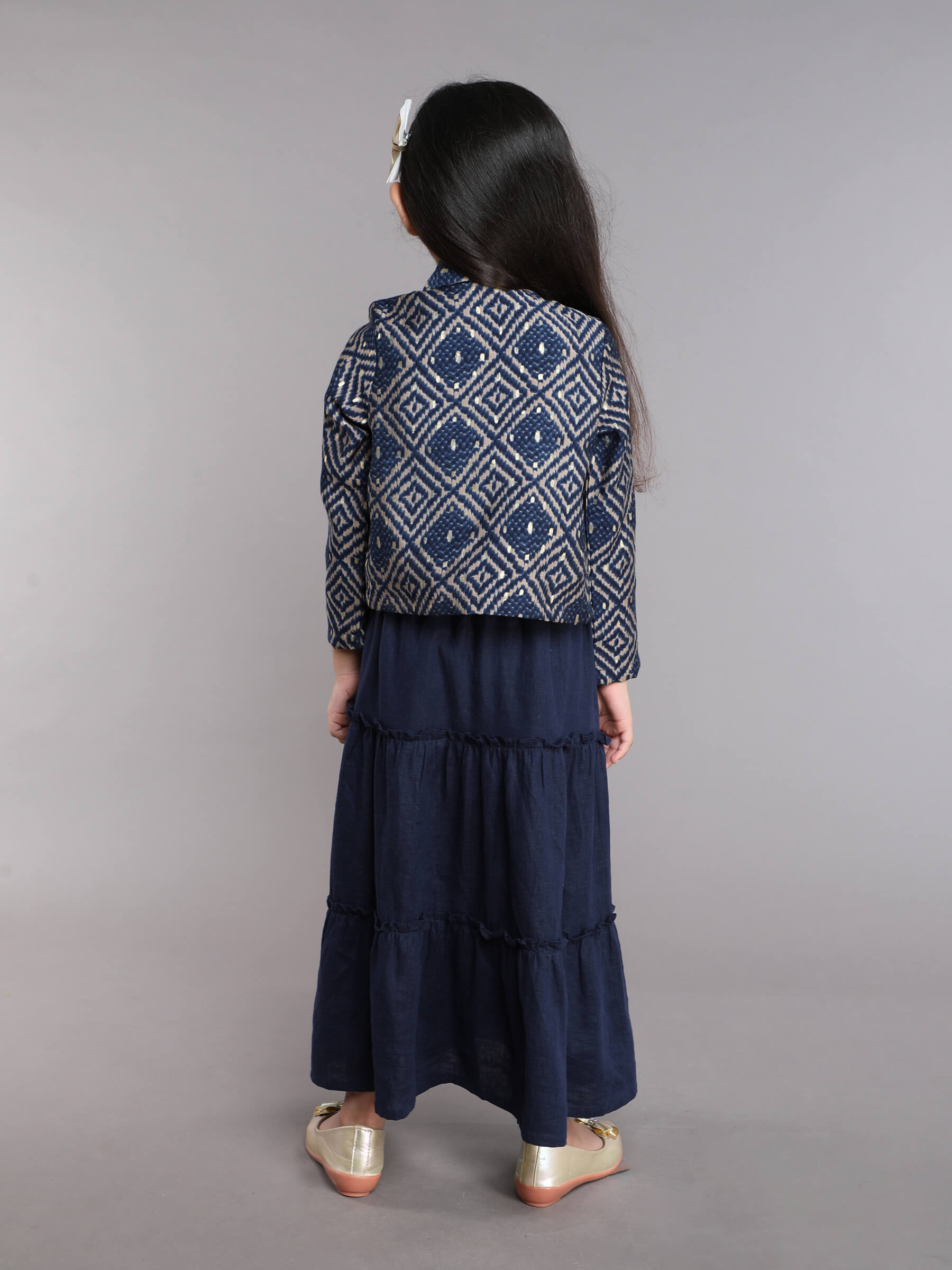 brocade jacket with back tie up gown - navy