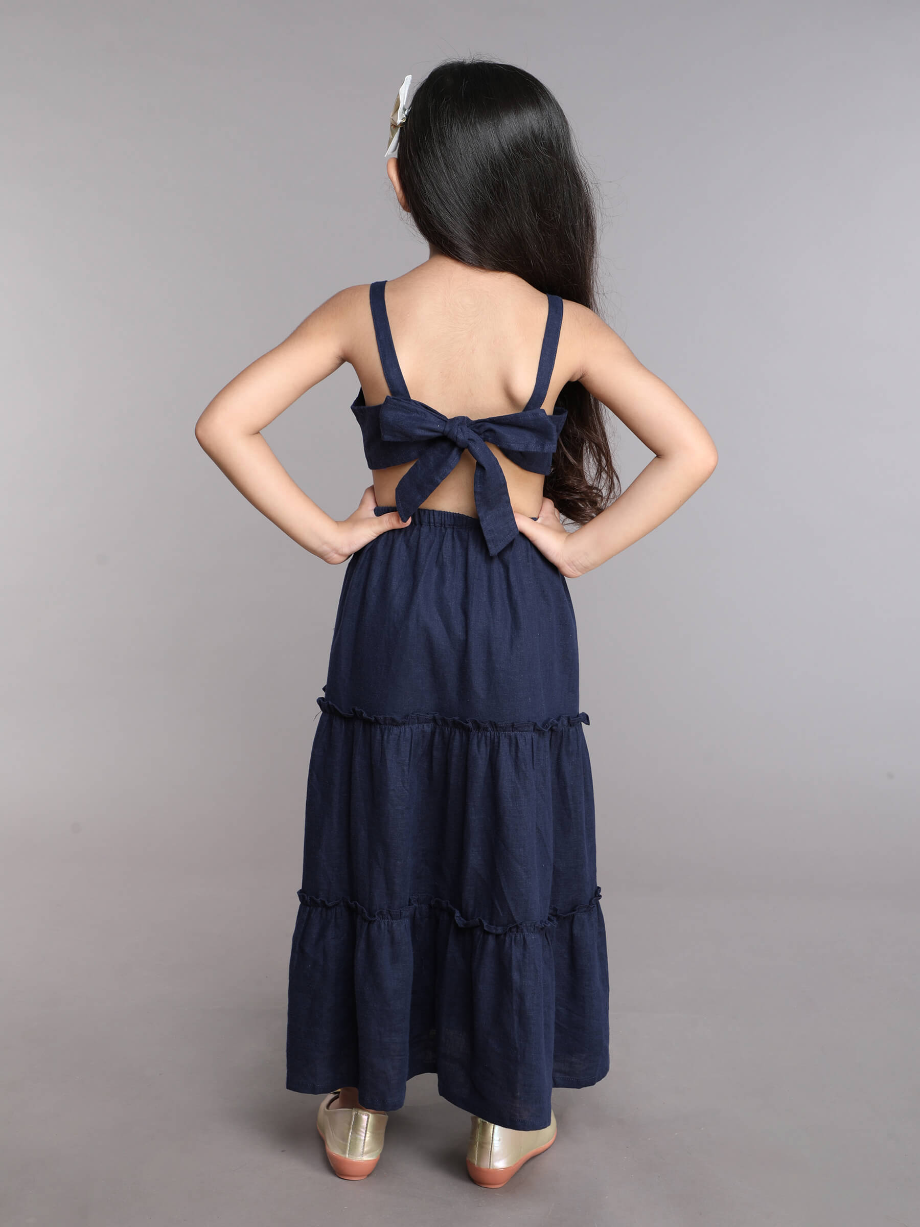 brocade jacket with back tie up gown - navy