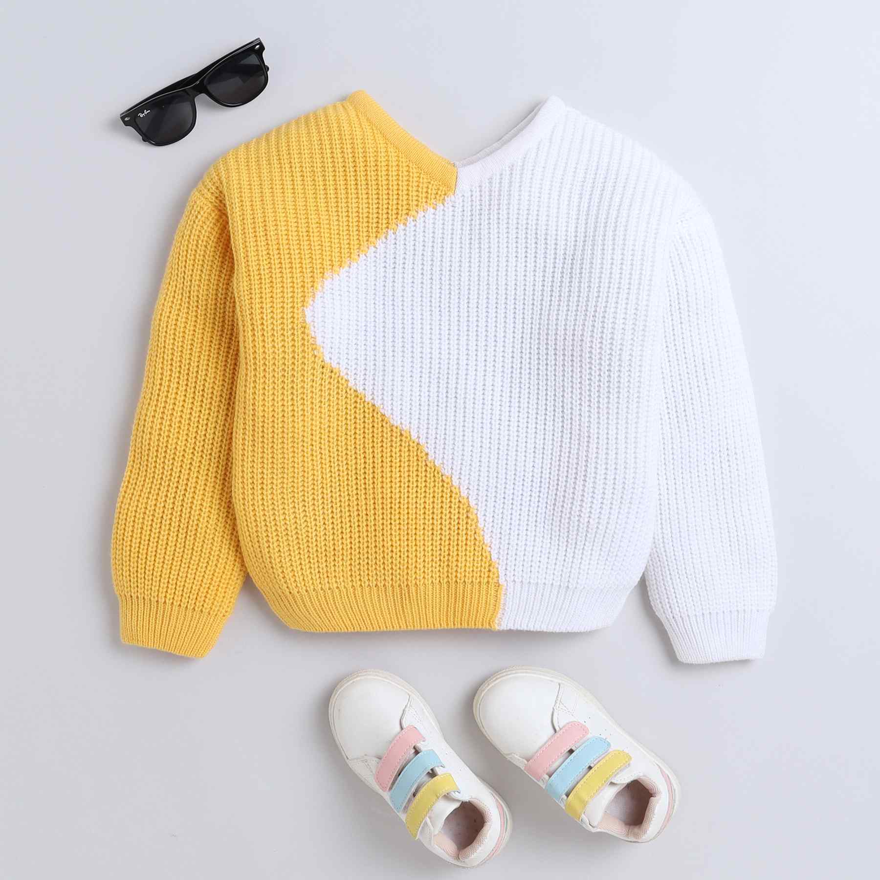 color block-knit full sleeves V-neck pullover sweatshirt-Yellow/White