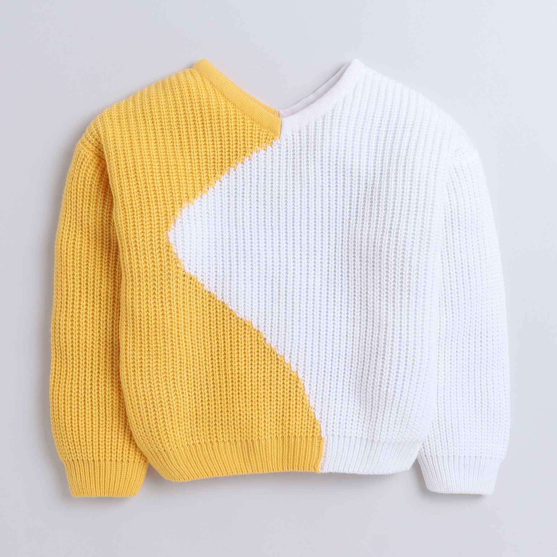 color block-knit full sleeves V-neck pullover sweatshirt-Yellow/White