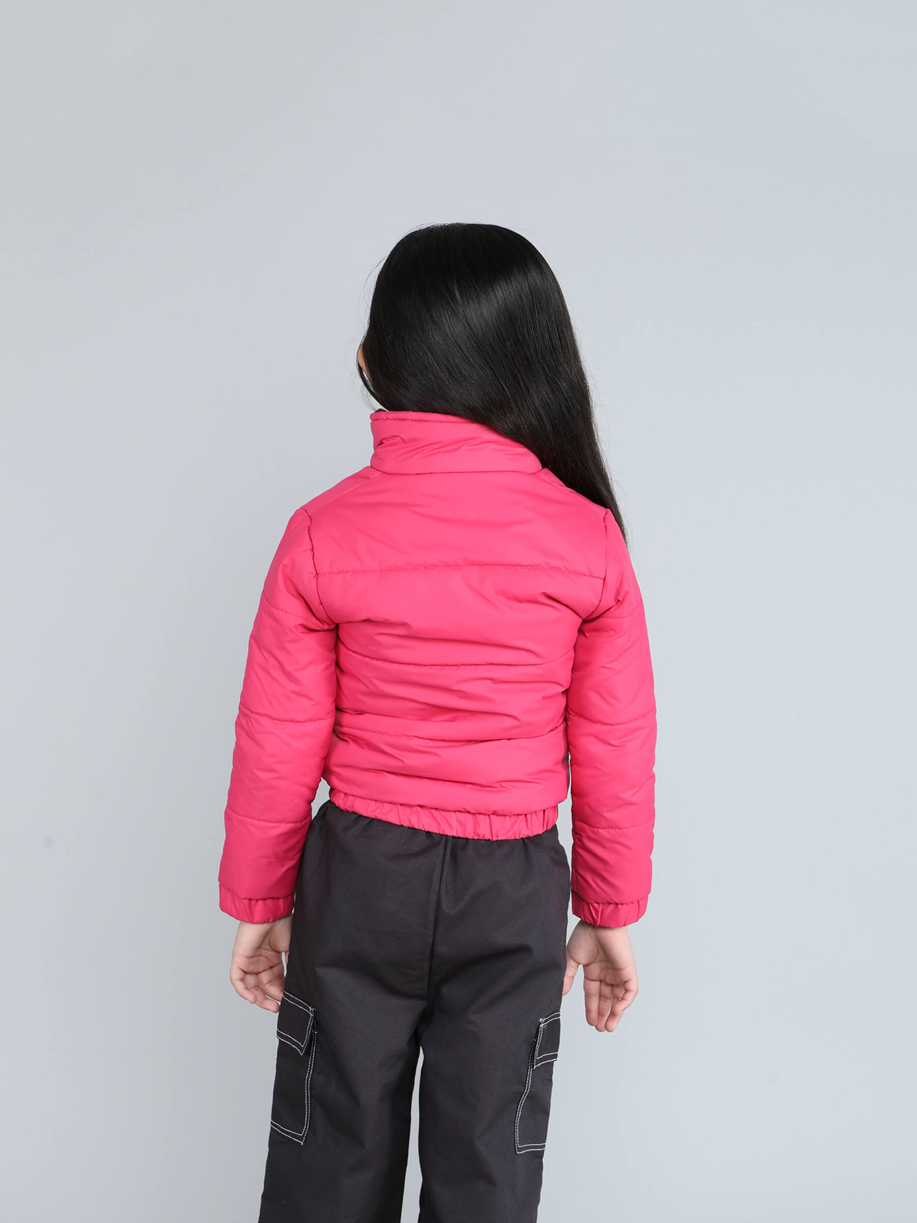 solid full sleeves puffer jacket-Hot pink