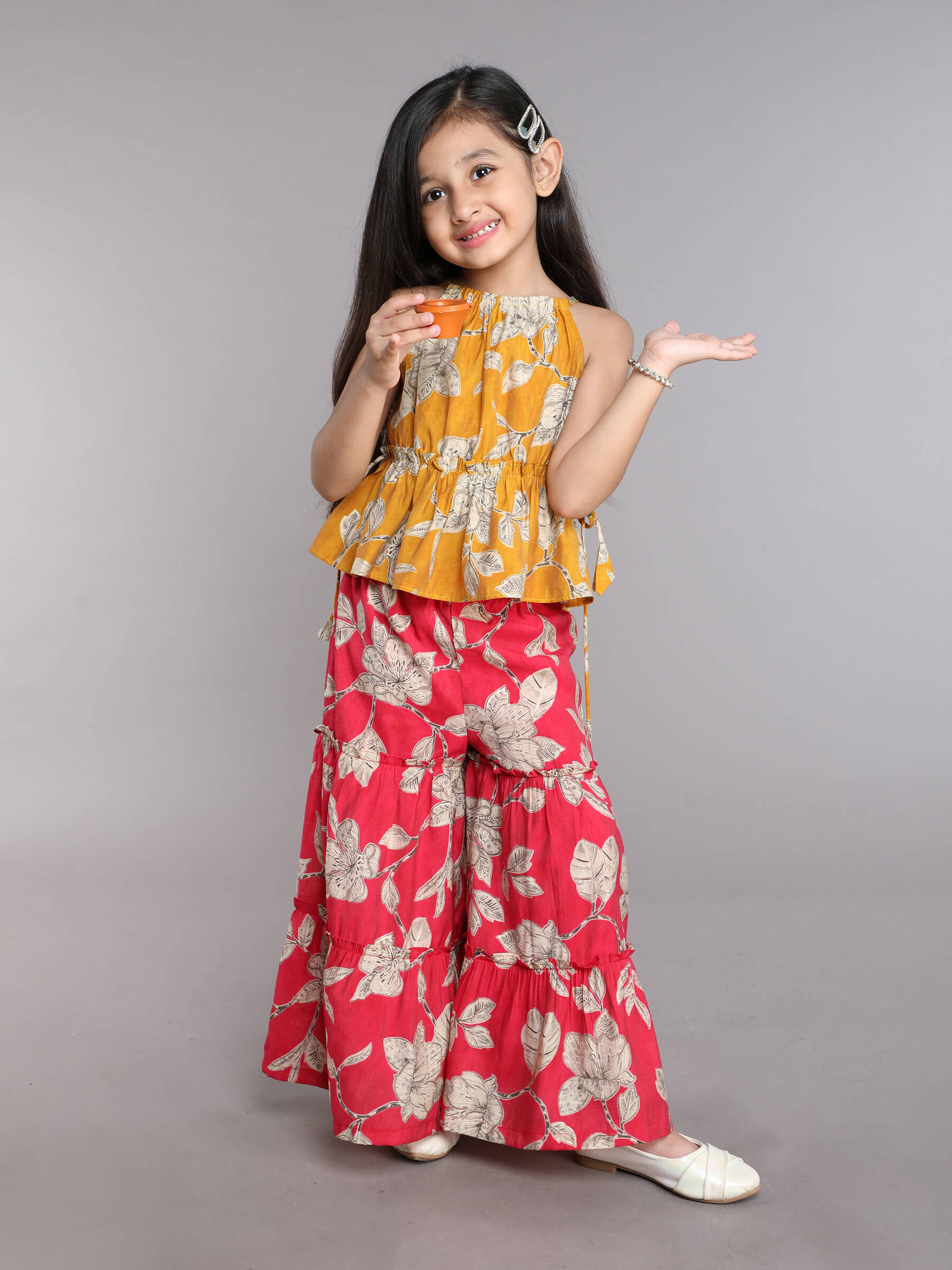 floral printed halter neck peplum ethnic top and sharara pant set-Yellow/pink