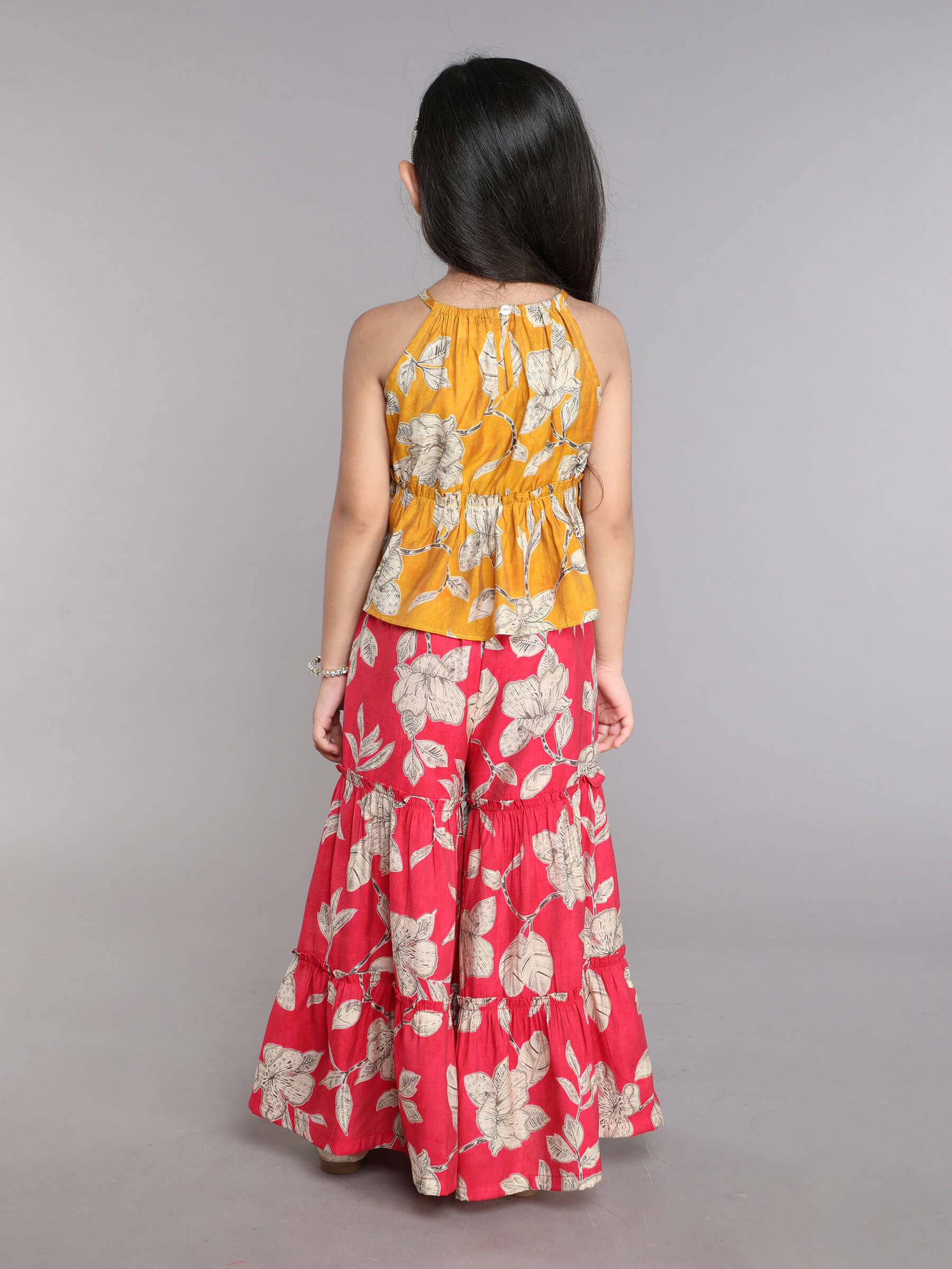 floral printed halter neck peplum ethnic top and sharara pant set-Yellow/pink