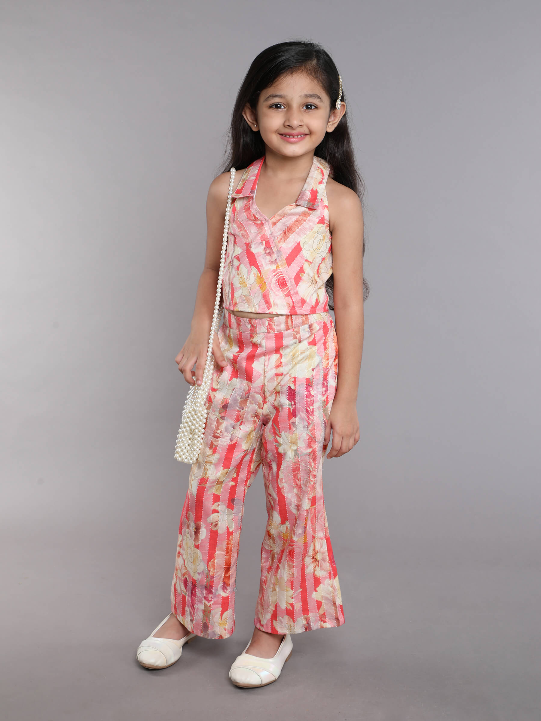 100% cotton sleeveless crop top with matching pant set -  peach