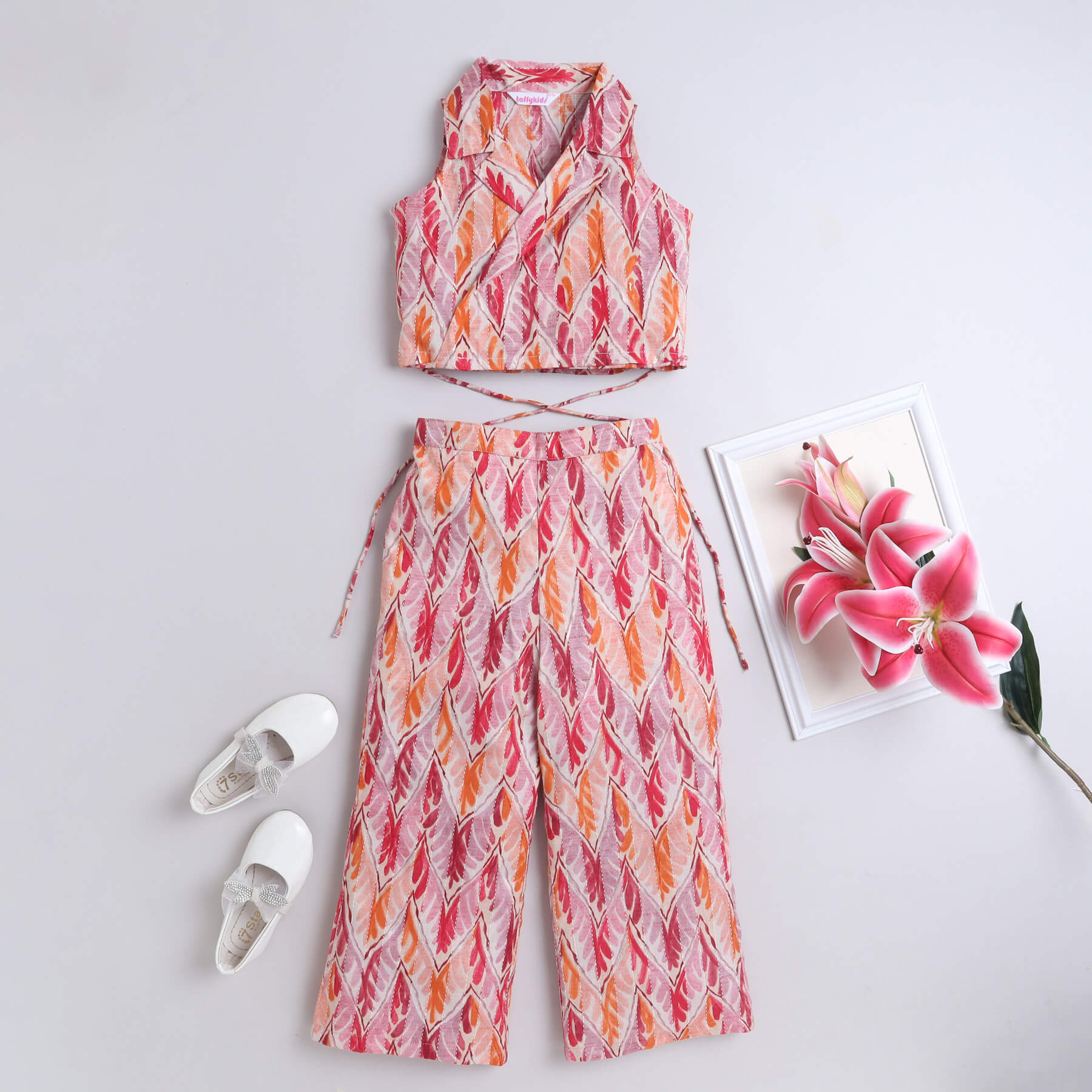 100% cotton sleeveless collard crop top with matching pant set - Orange /pink