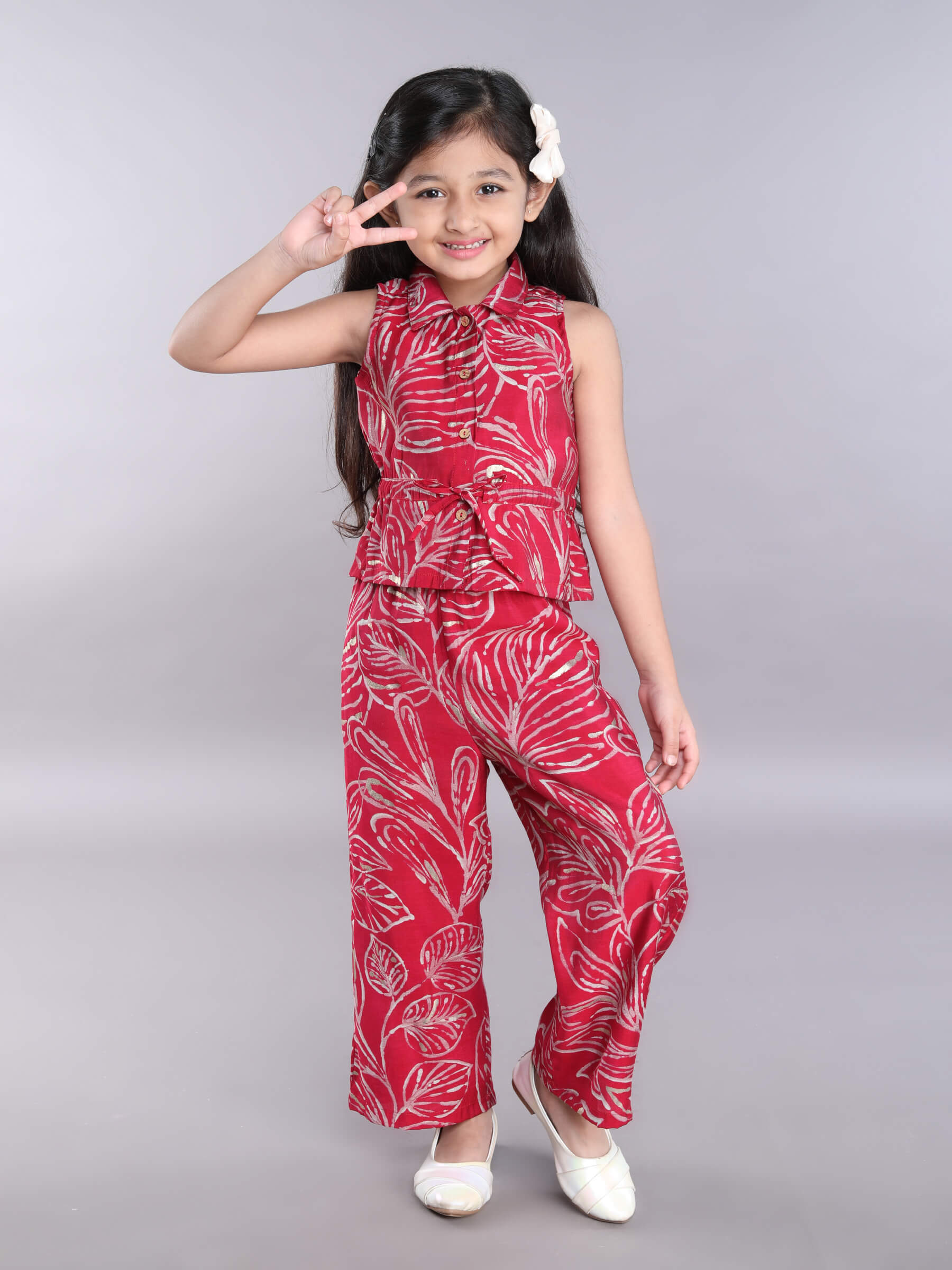 Muslin cotton front tie up sleeveless shirt with matching printed pant set - maroon