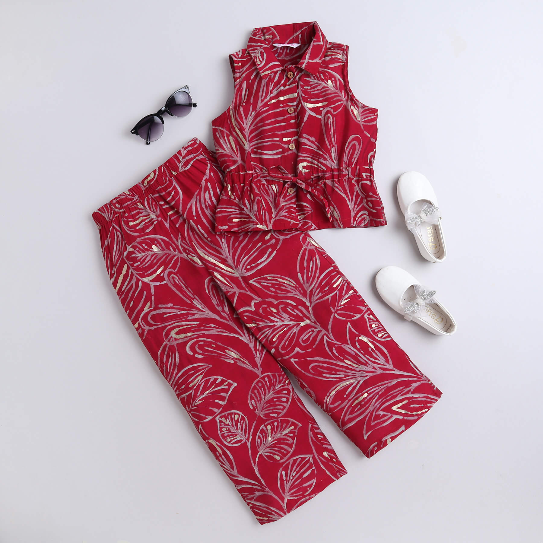 Muslin cotton front tie up sleeveless shirt with matching printed pant set - maroon