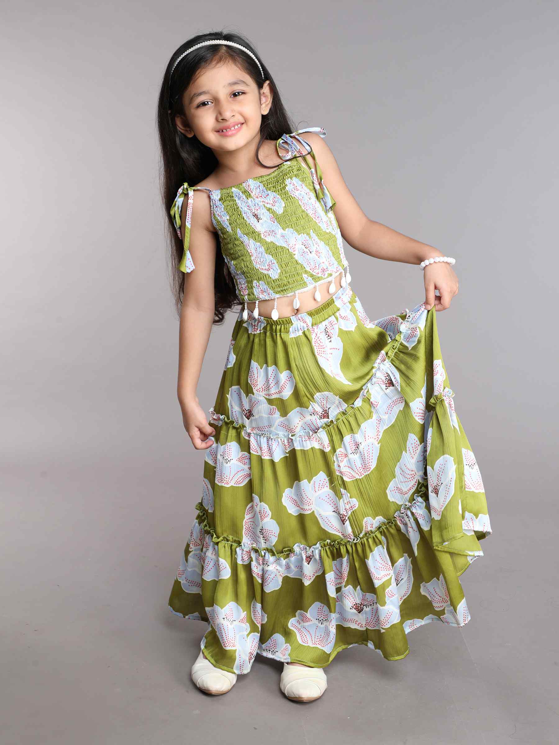 floral printed tie-up singlet smocked crop top and matching tiered skirt ethnic set-Multi