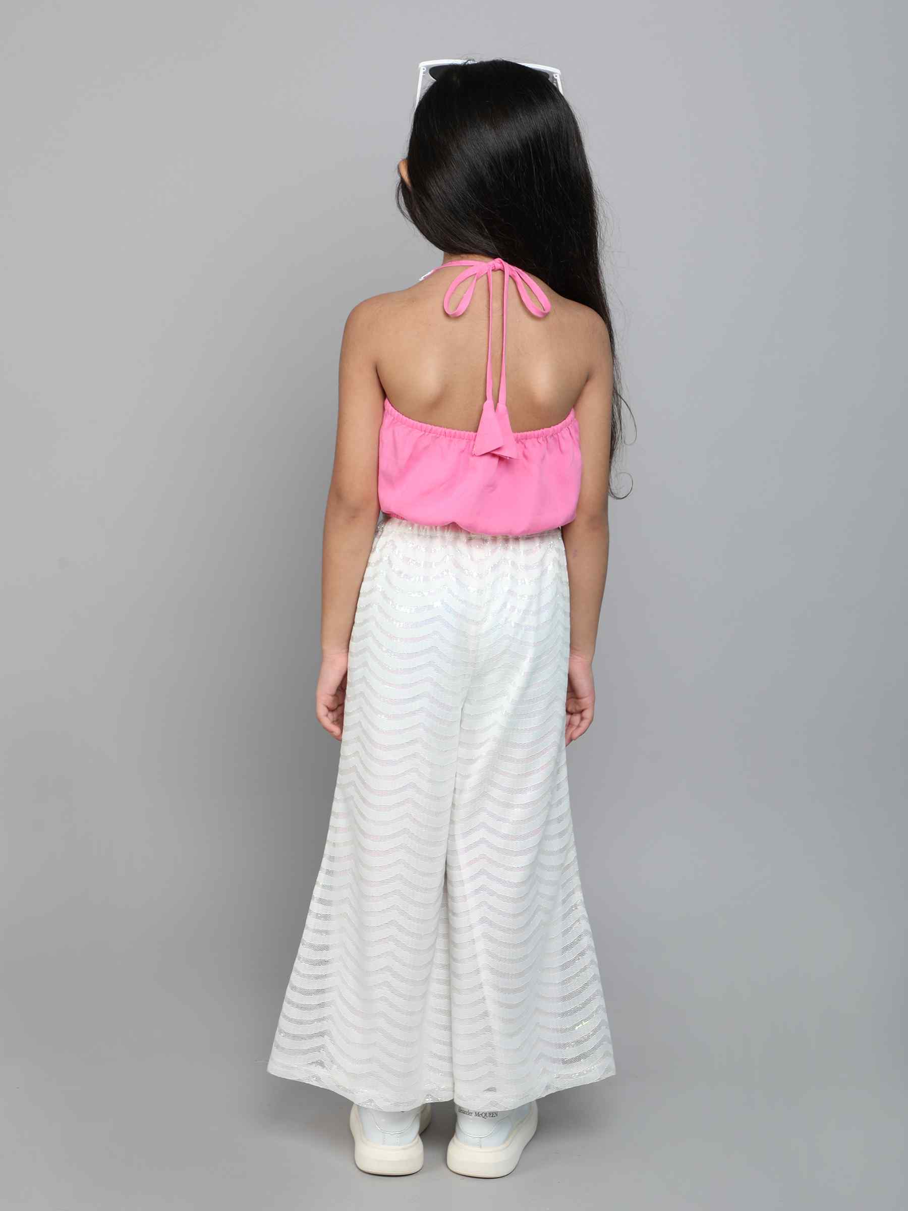 Pink wrap halter crop top with lace palazzo set - Pink / White