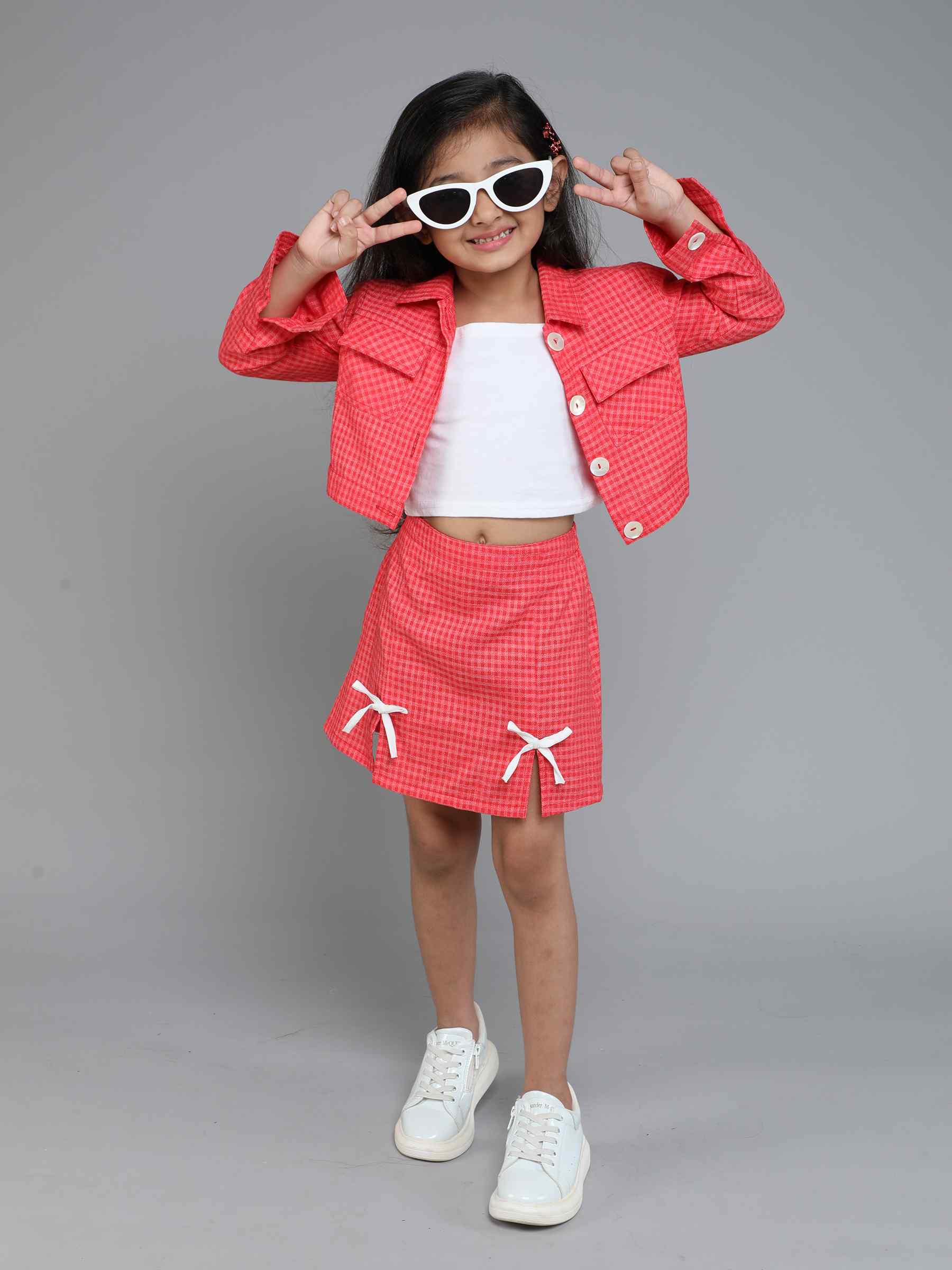 checks pocket detail full sleeves jacket with matching bow detail skirt and solid crop top set-Red/White