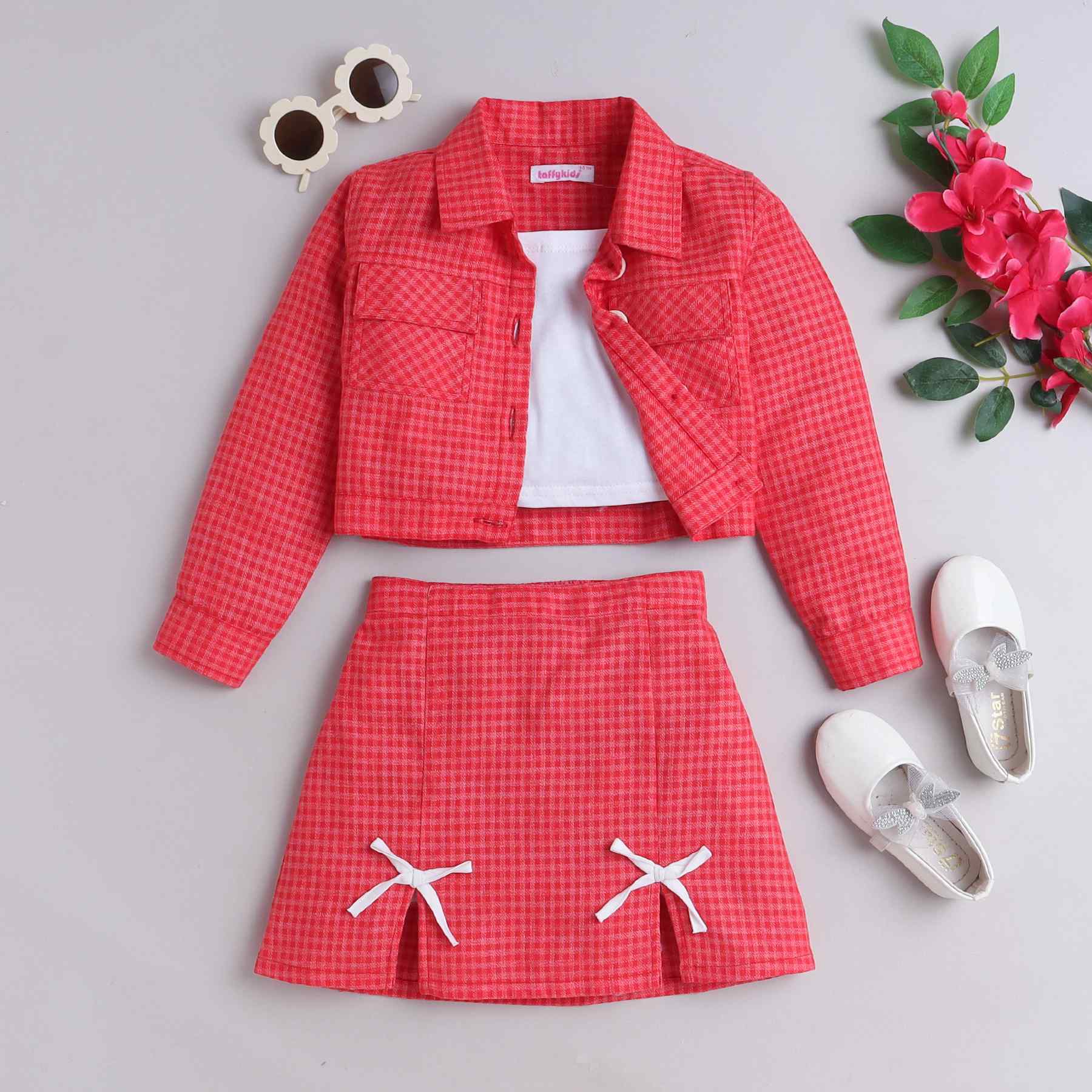 checks pocket detail full sleeves jacket with matching bow detail skirt and solid crop top set-Red/White