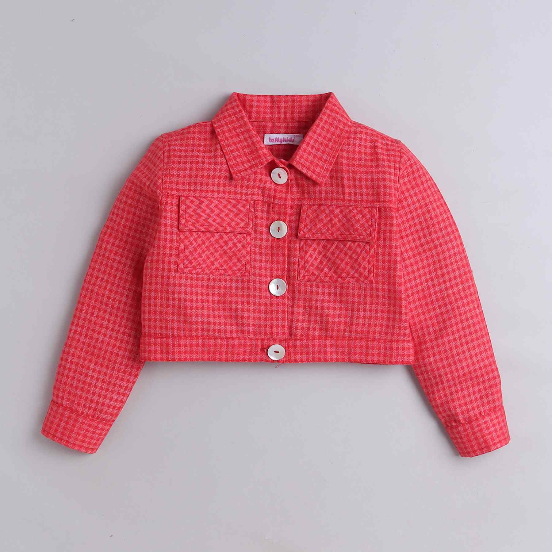 checks pocket detail full sleeves jacket with matching bow detail skirt and solid crop top set-Red/White