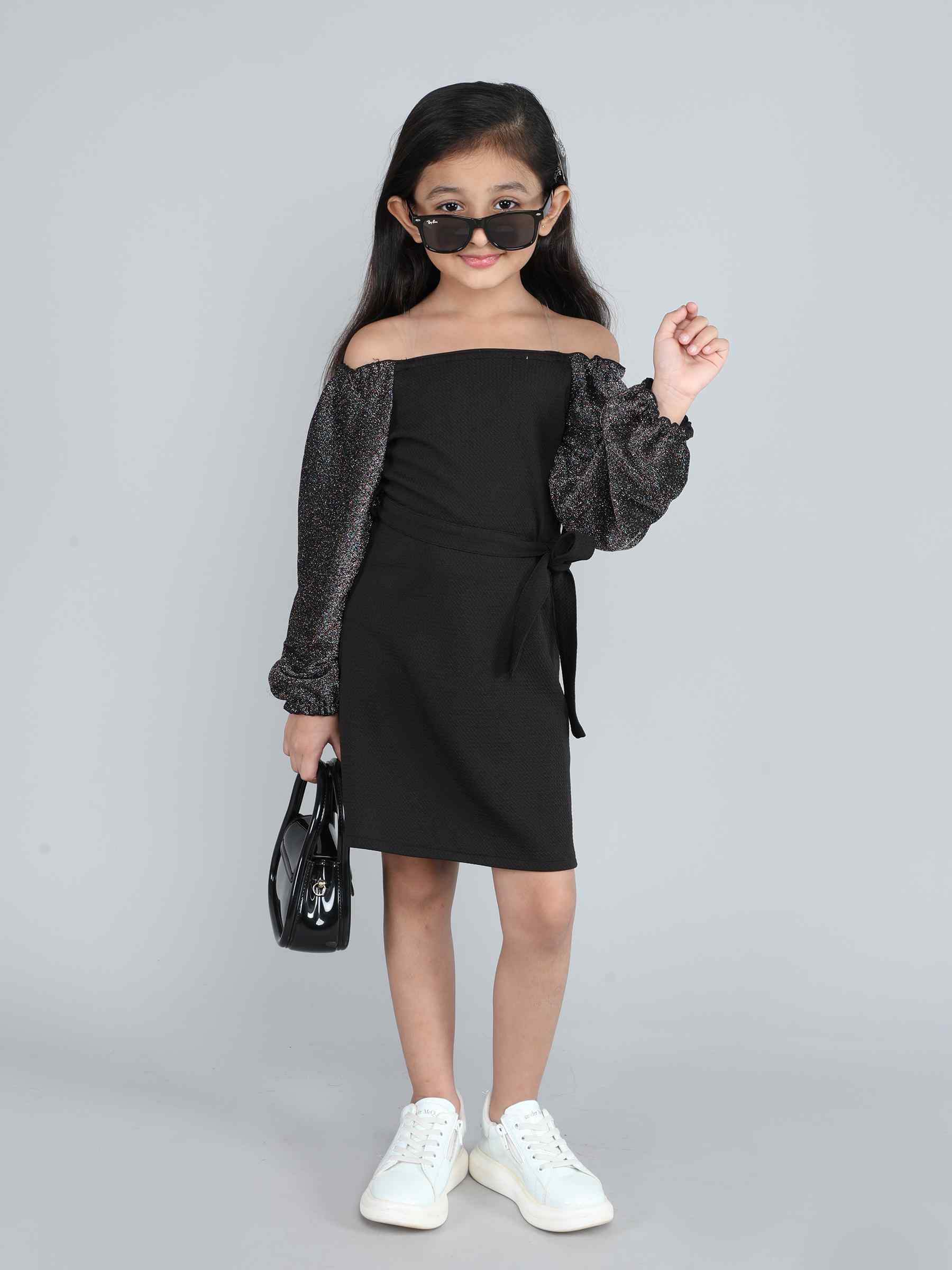 metallic lurex full sleeves off  shoulder Aline party dress-Black