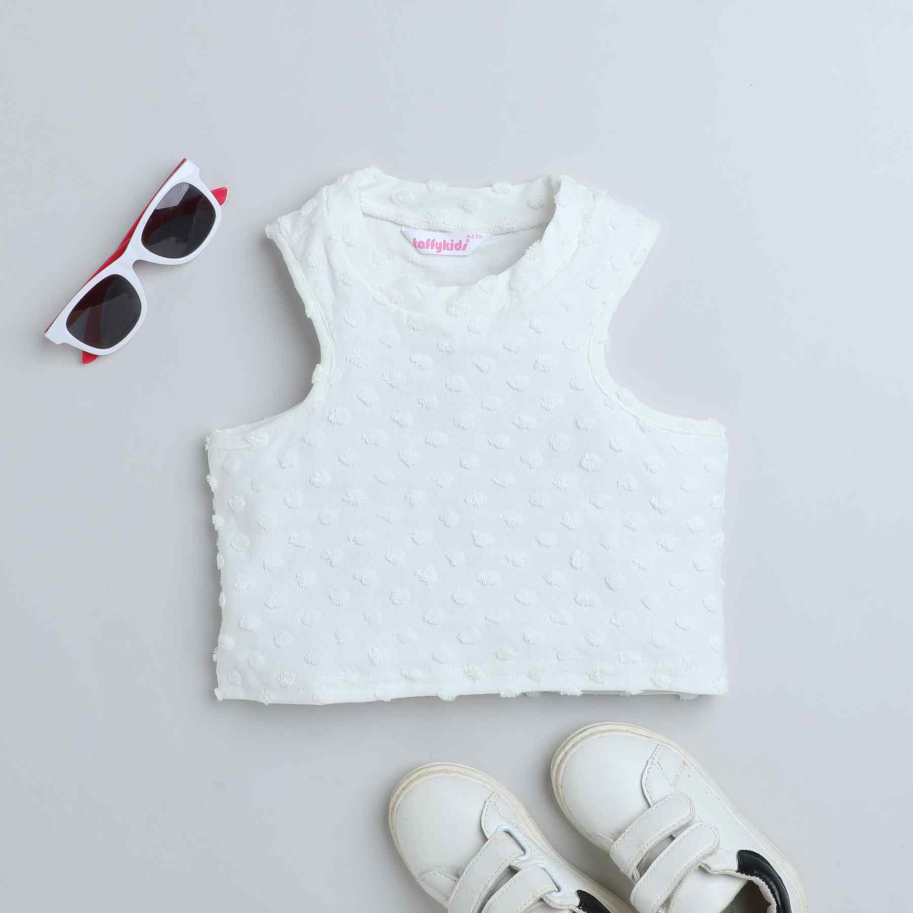 Dobby polka sleeveless crop top-White