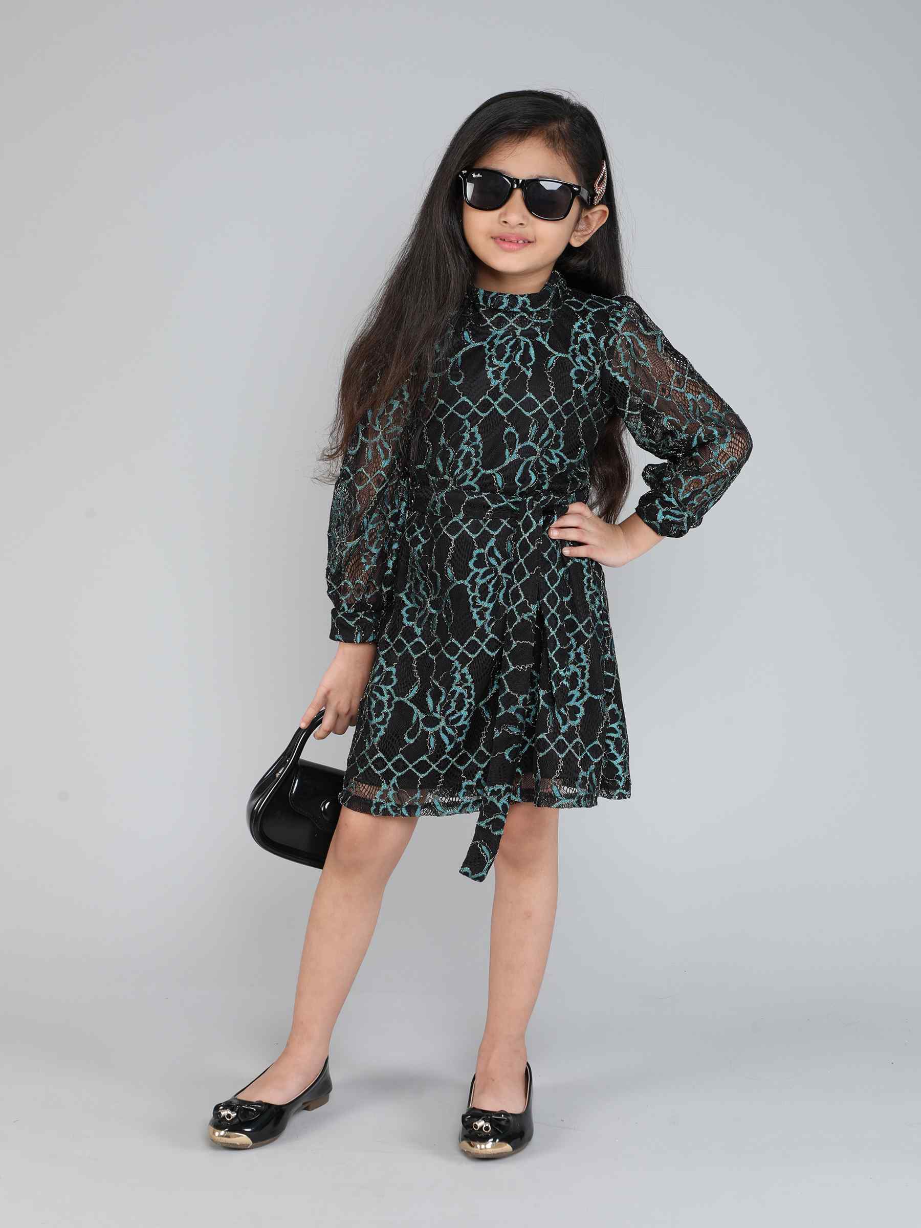 full sleeves turtle neck Aline lace party dress-Black/Green