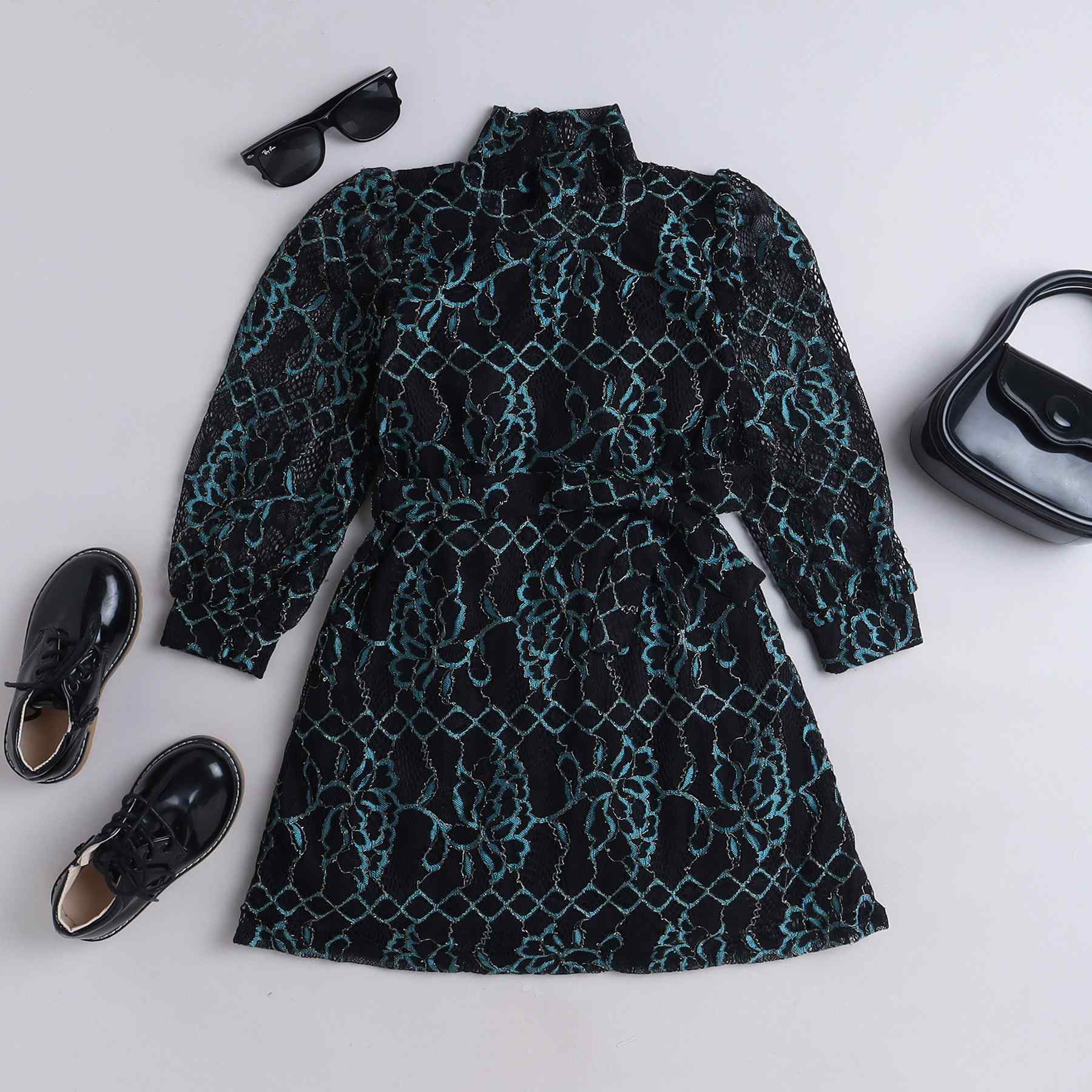 full sleeves turtle neck Aline lace party dress-Black/Green