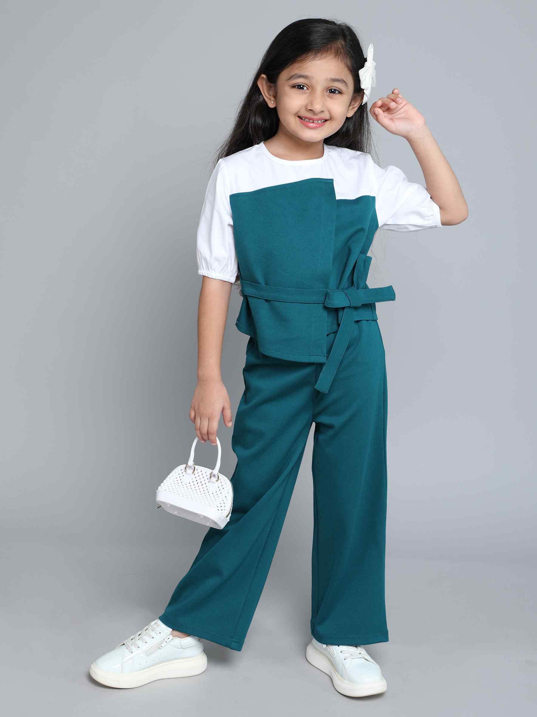 solid mock wrap set with matching pant set - Teal