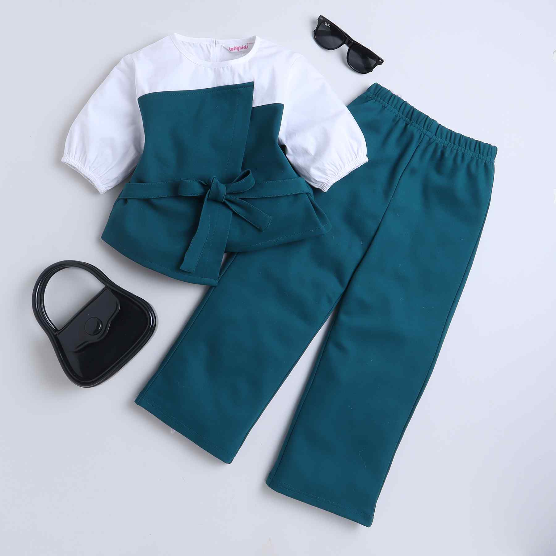 solid mock wrap set with matching pant set - Teal