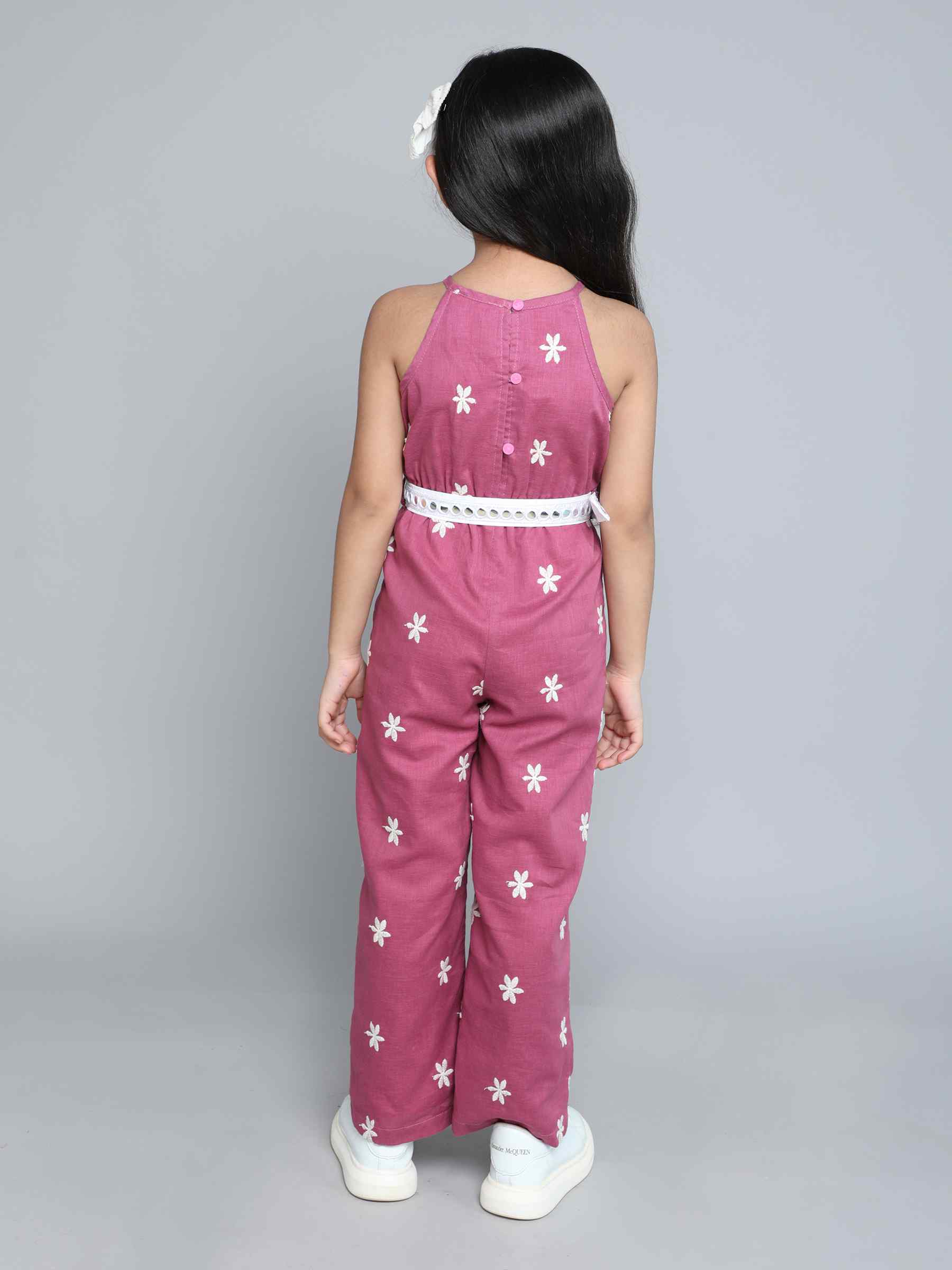 100% cotton sleeveless embroidered belt detailed jumpsuit - Lilac