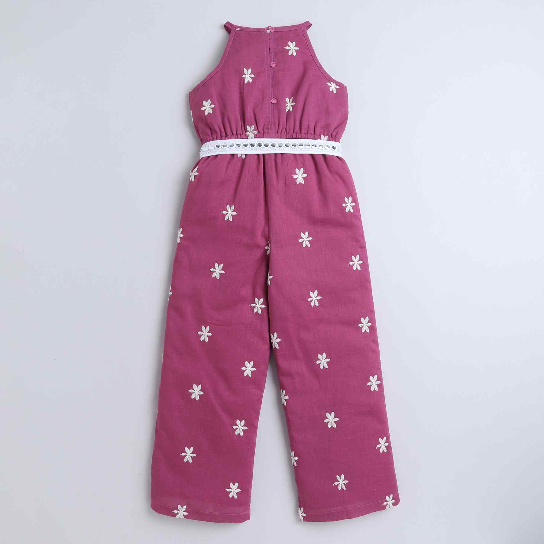 100% cotton sleeveless embroidered belt detailed jumpsuit - Lilac