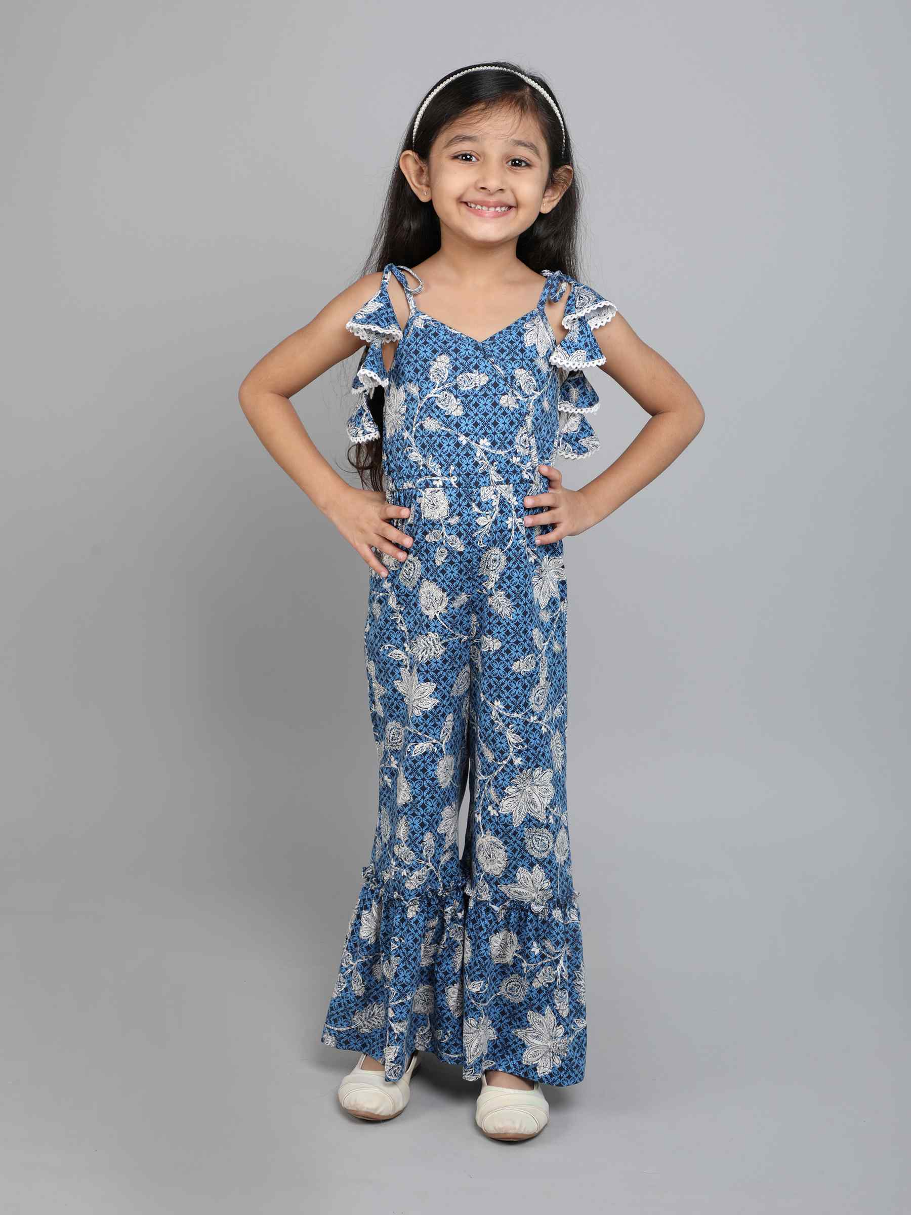 100% cotton floral tie up jumpsuit - Blue