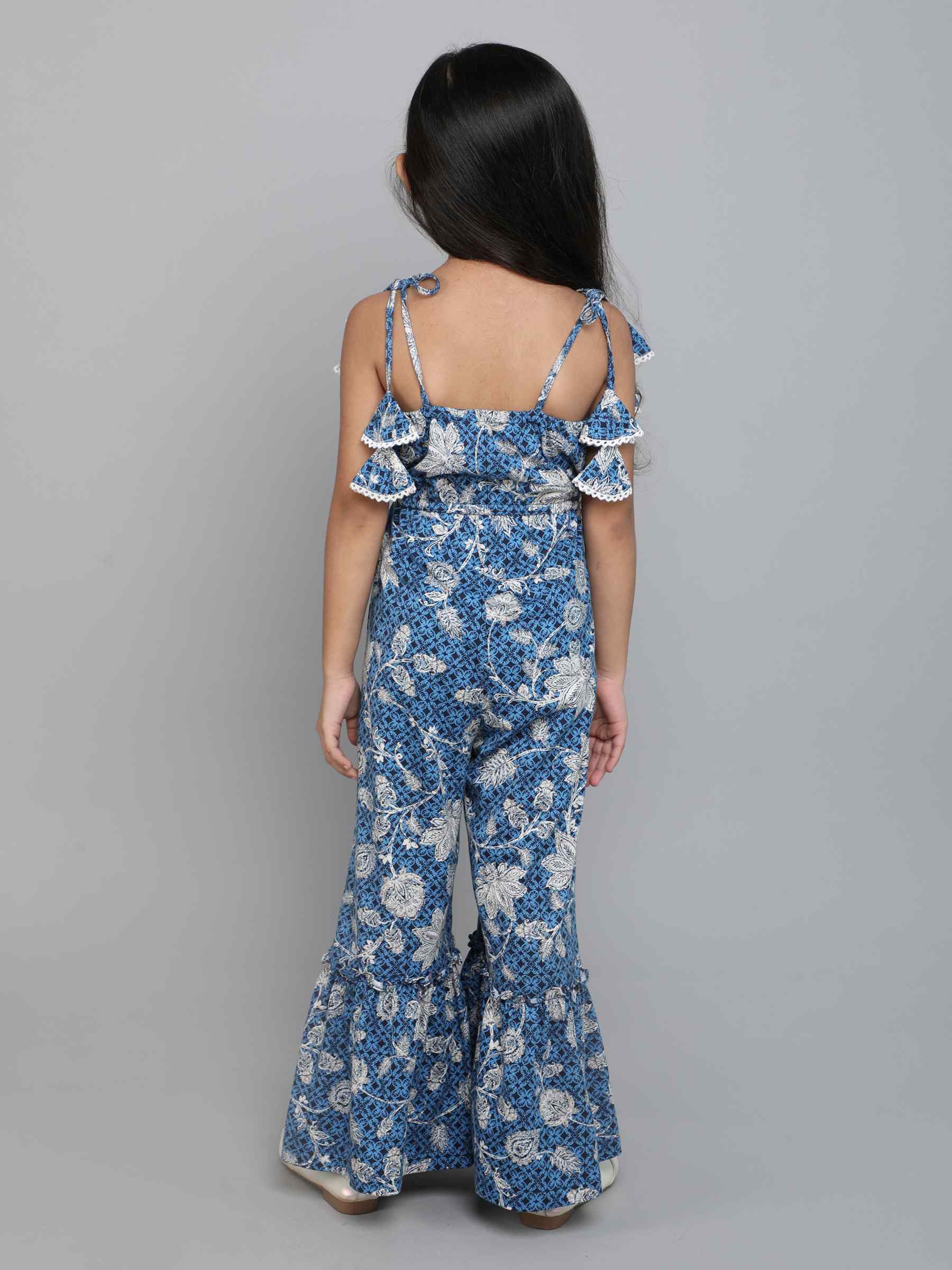 100% cotton floral tie up jumpsuit - Blue