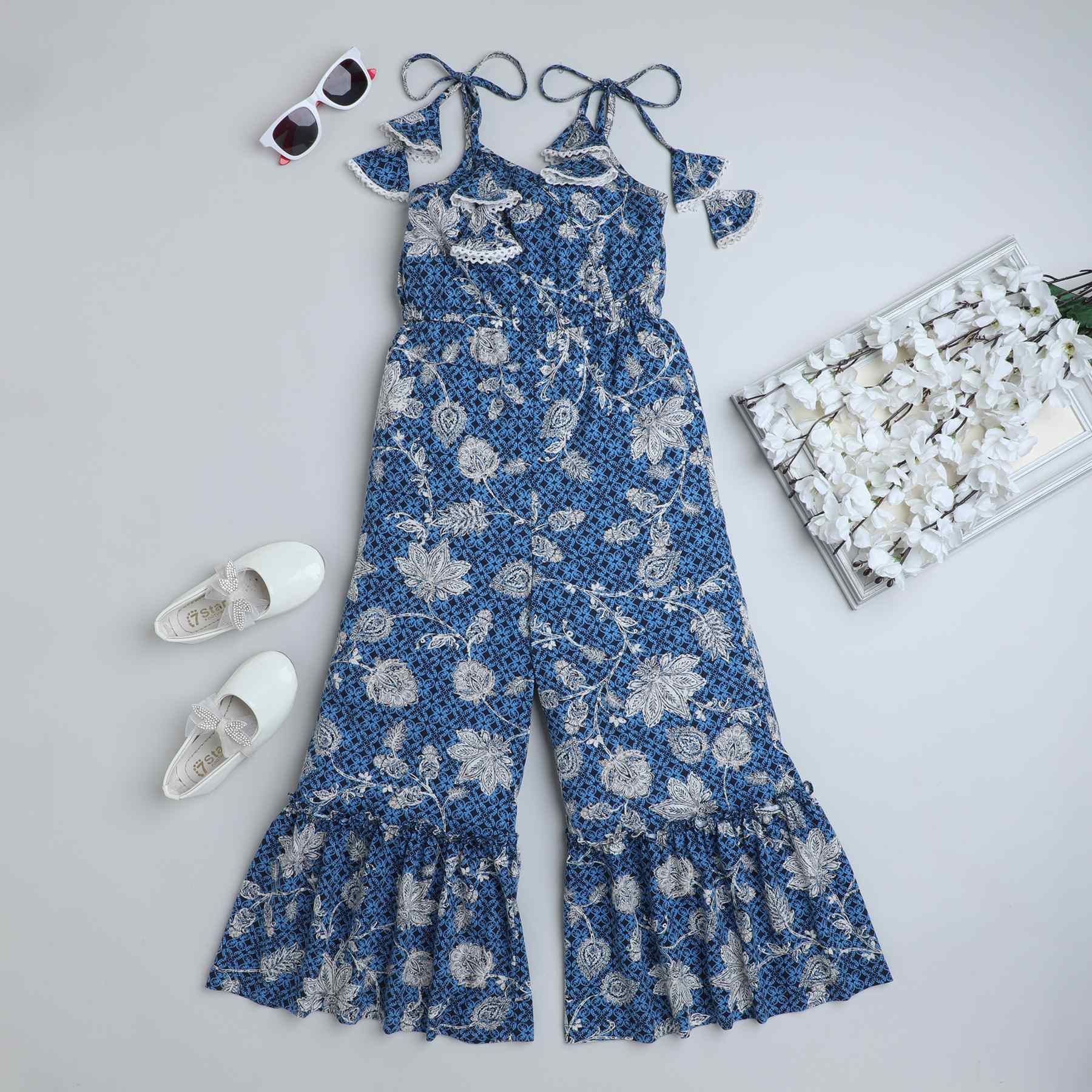 100% cotton floral tie up jumpsuit - Blue