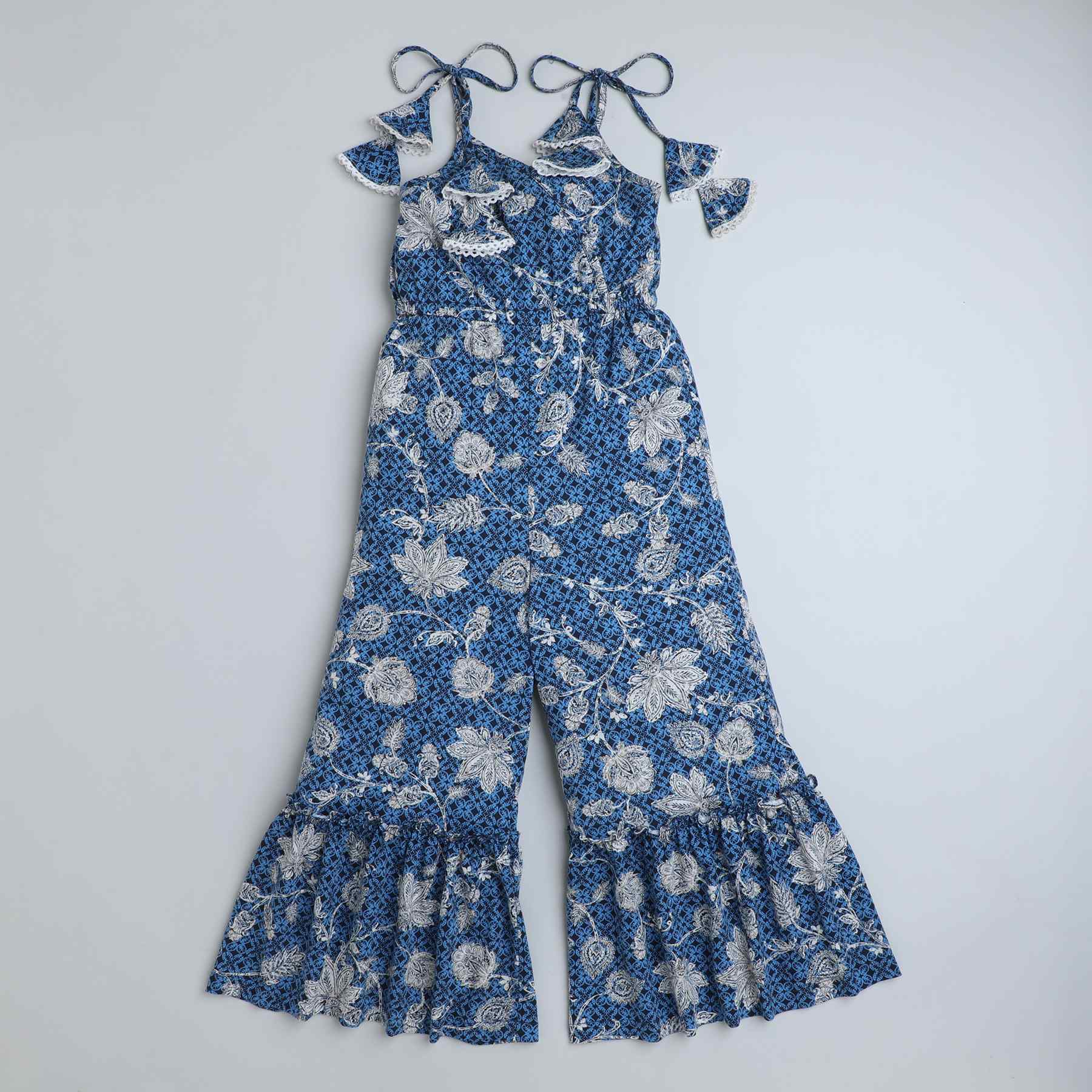 100% cotton floral tie up jumpsuit - Blue