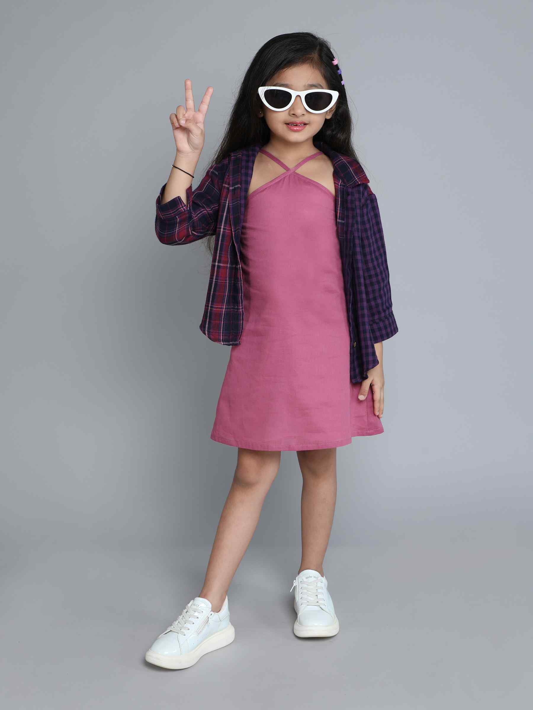 Oversize half and half check shirt with halter dress -  Purple