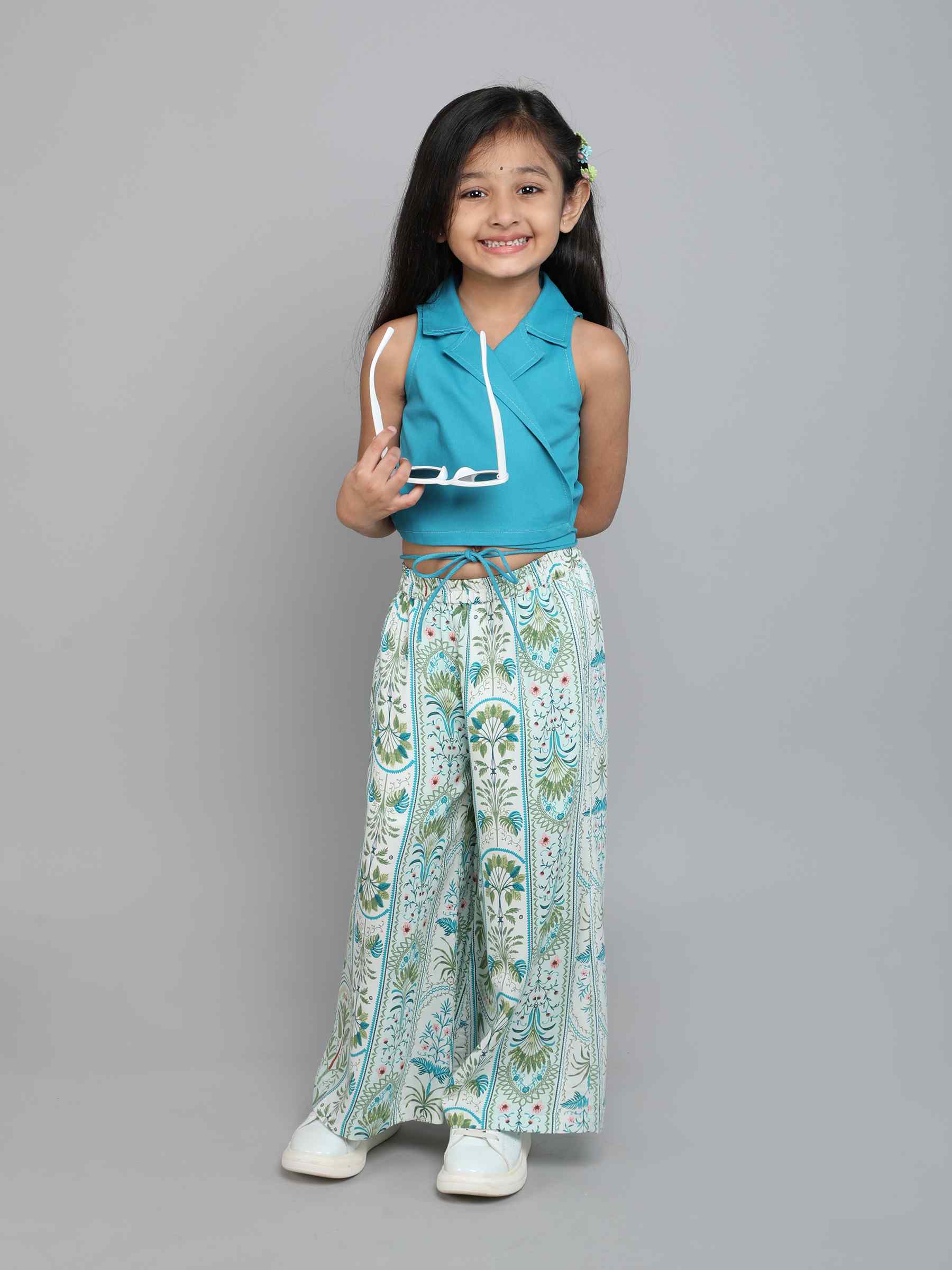 solid crop wrap blazer top with ethnic printed palazzo pant set - Teal