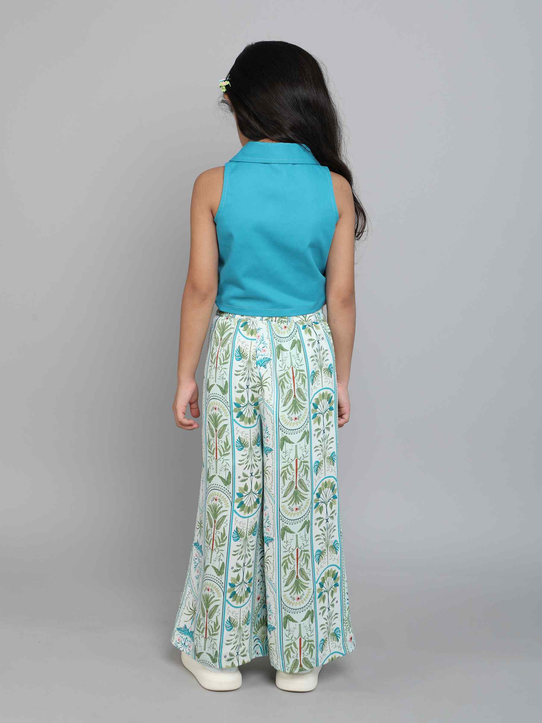 solid crop wrap blazer top with ethnic printed palazzo pant set - Teal