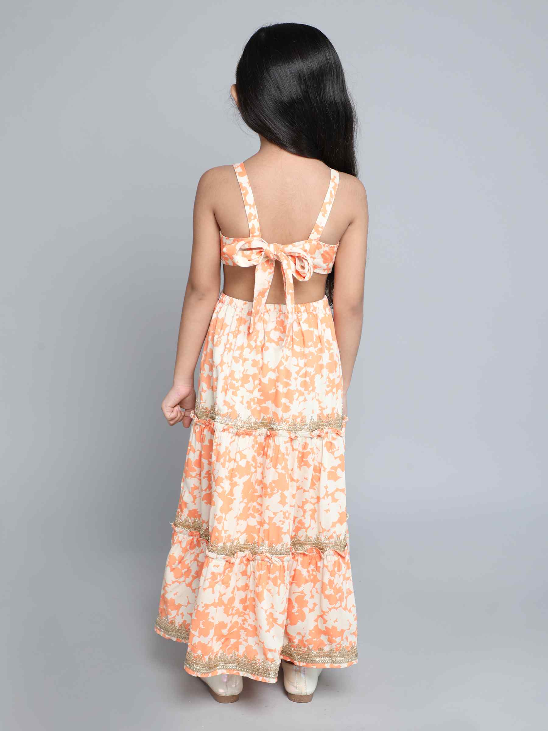 abstract printed lace detail back tie up tier ethnic Gown-Orange