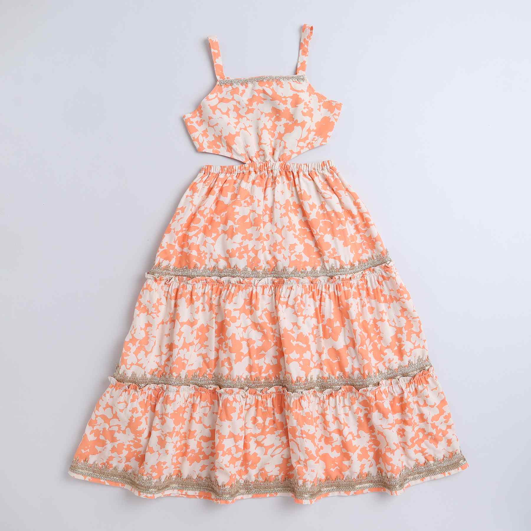 abstract printed lace detail back tie up tier ethnic Gown-Orange