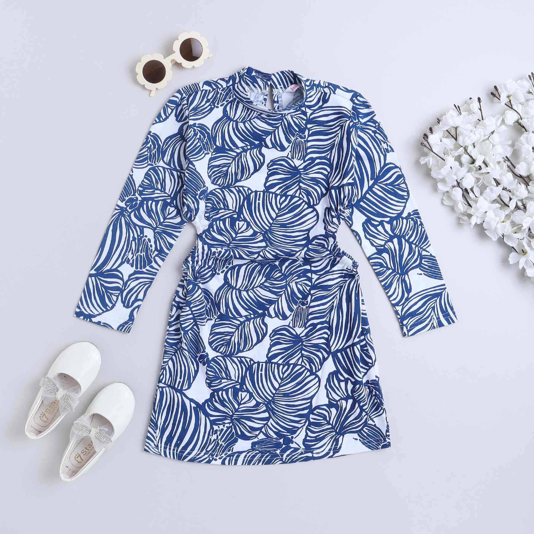 100% cotton tropical printed full sleeves circle ruched dress-White/Blue