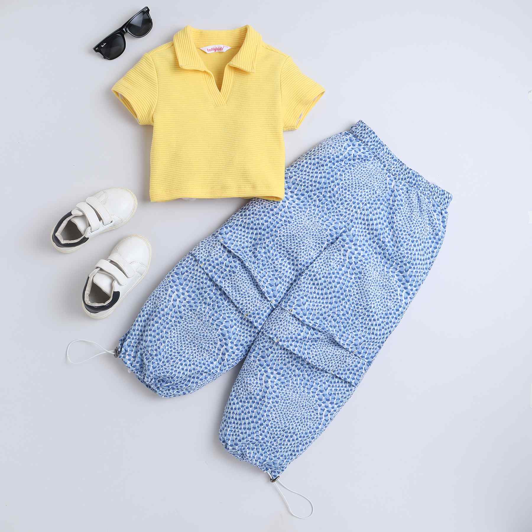 100% cotton caps sleeve collard top with loose fit parachute cargo pant set - Yellow / Blue