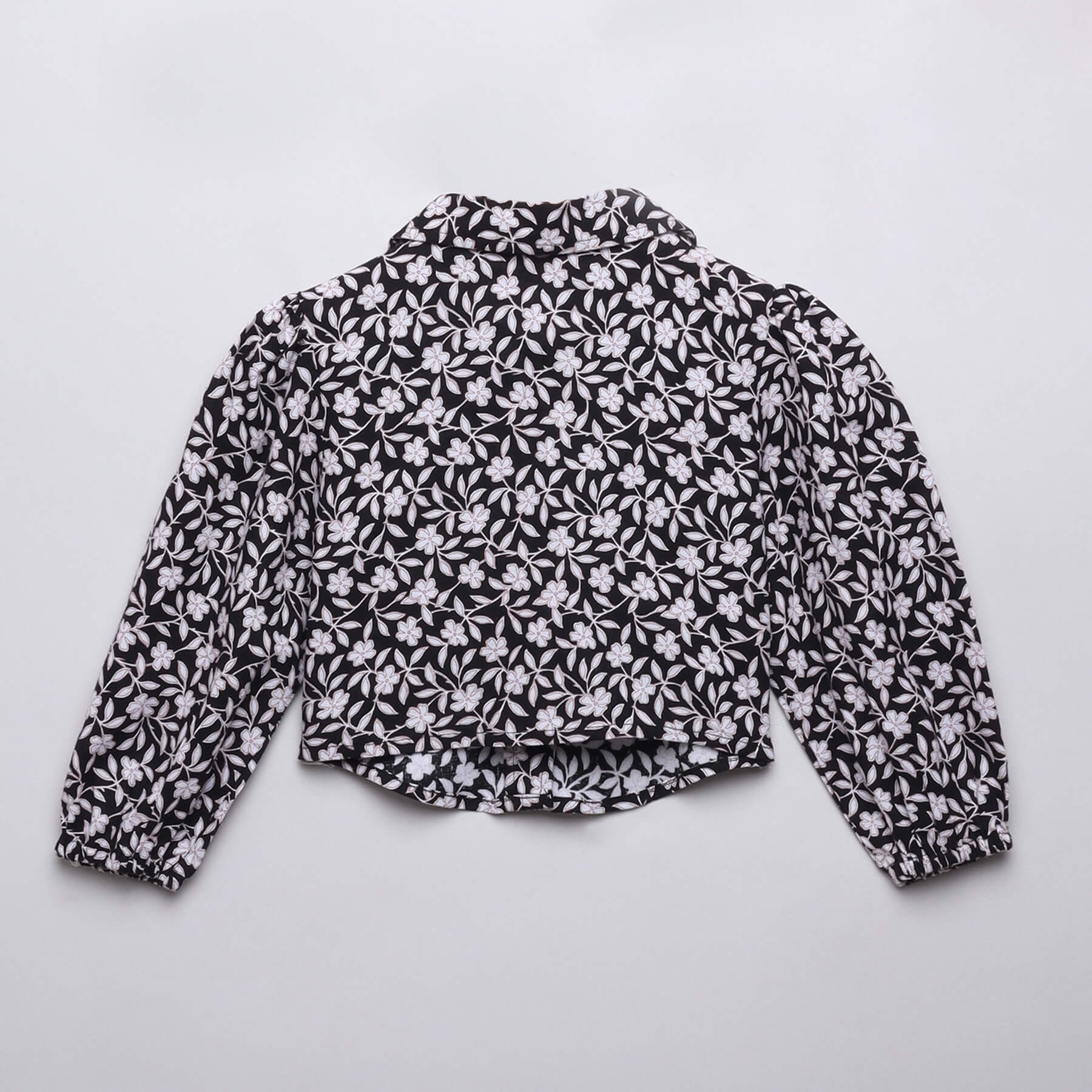 Puff sleeves floral printed button up shirt-Black & Brown