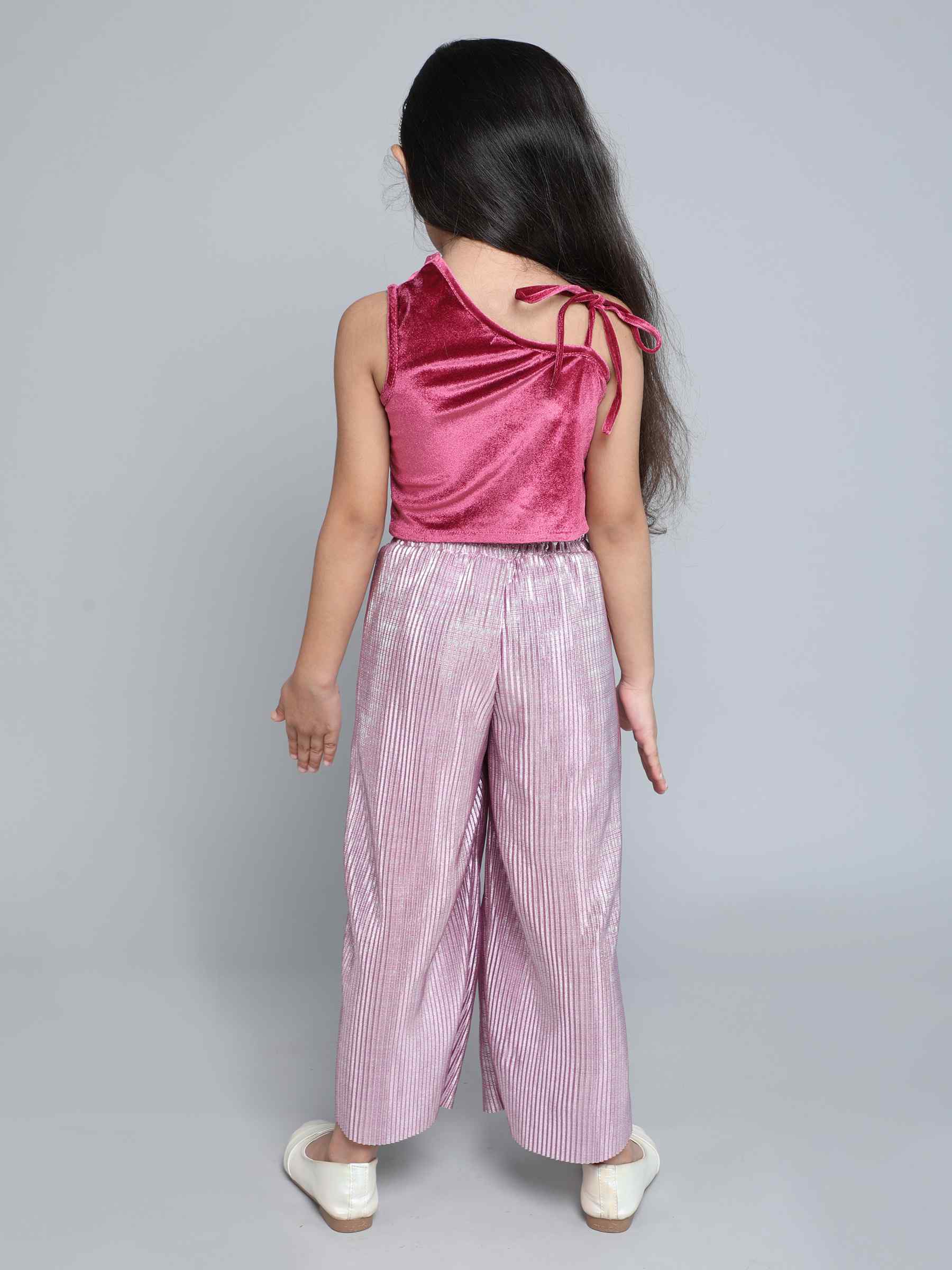 velvet pleated one shoulder party crop top and foil printed pleated pant-Wine/purple