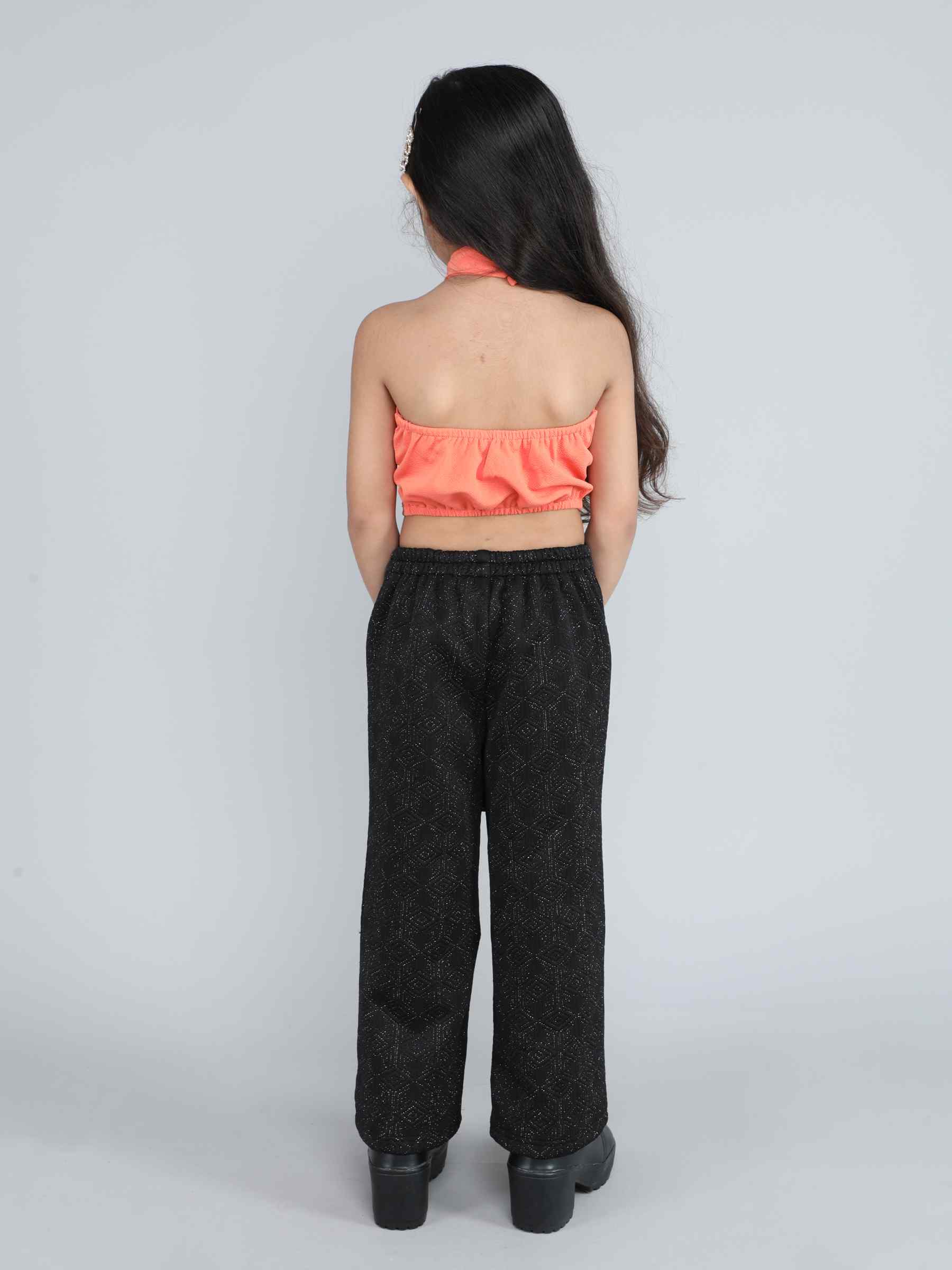 solid halter neck crop top and glittered fold-over waist pant set-Orange/black