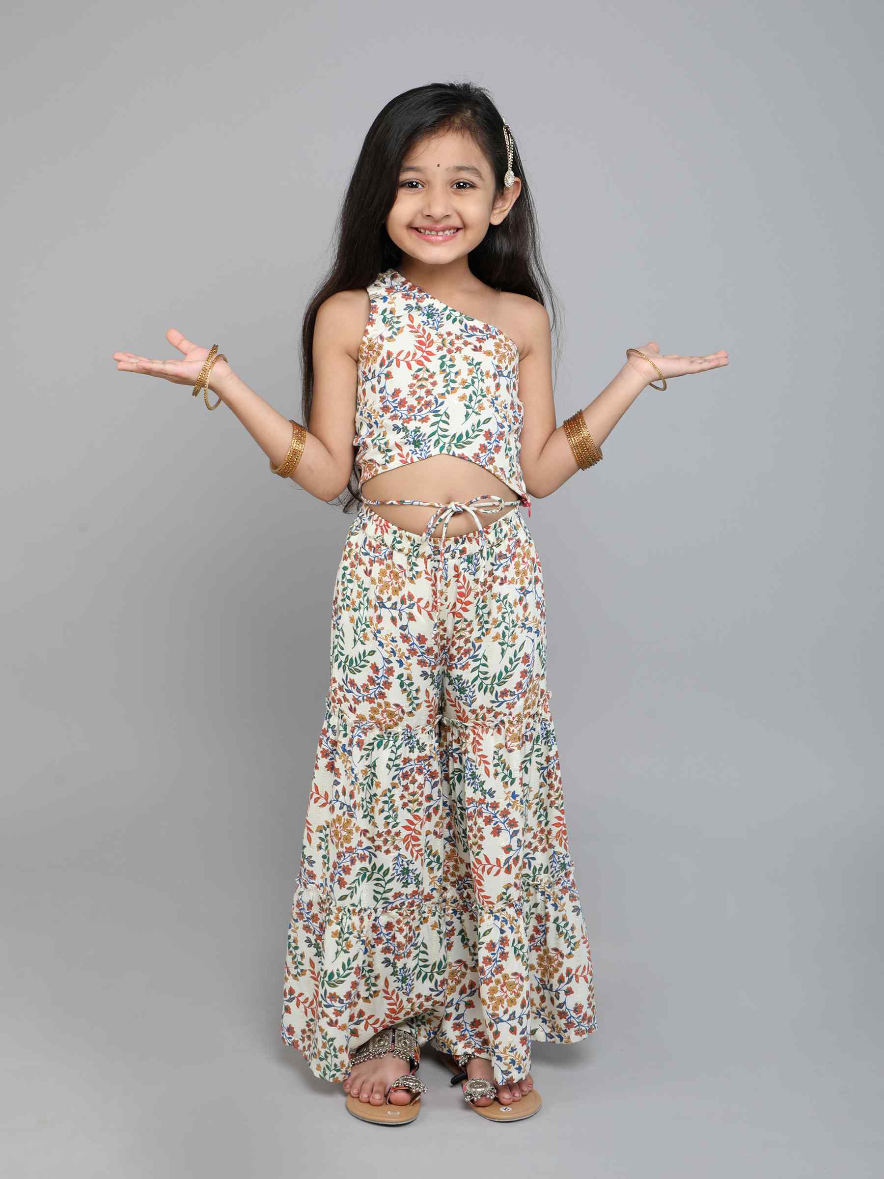 floral printed one shoulder waist tie-up ethnic crop top and tier pant set-Multi