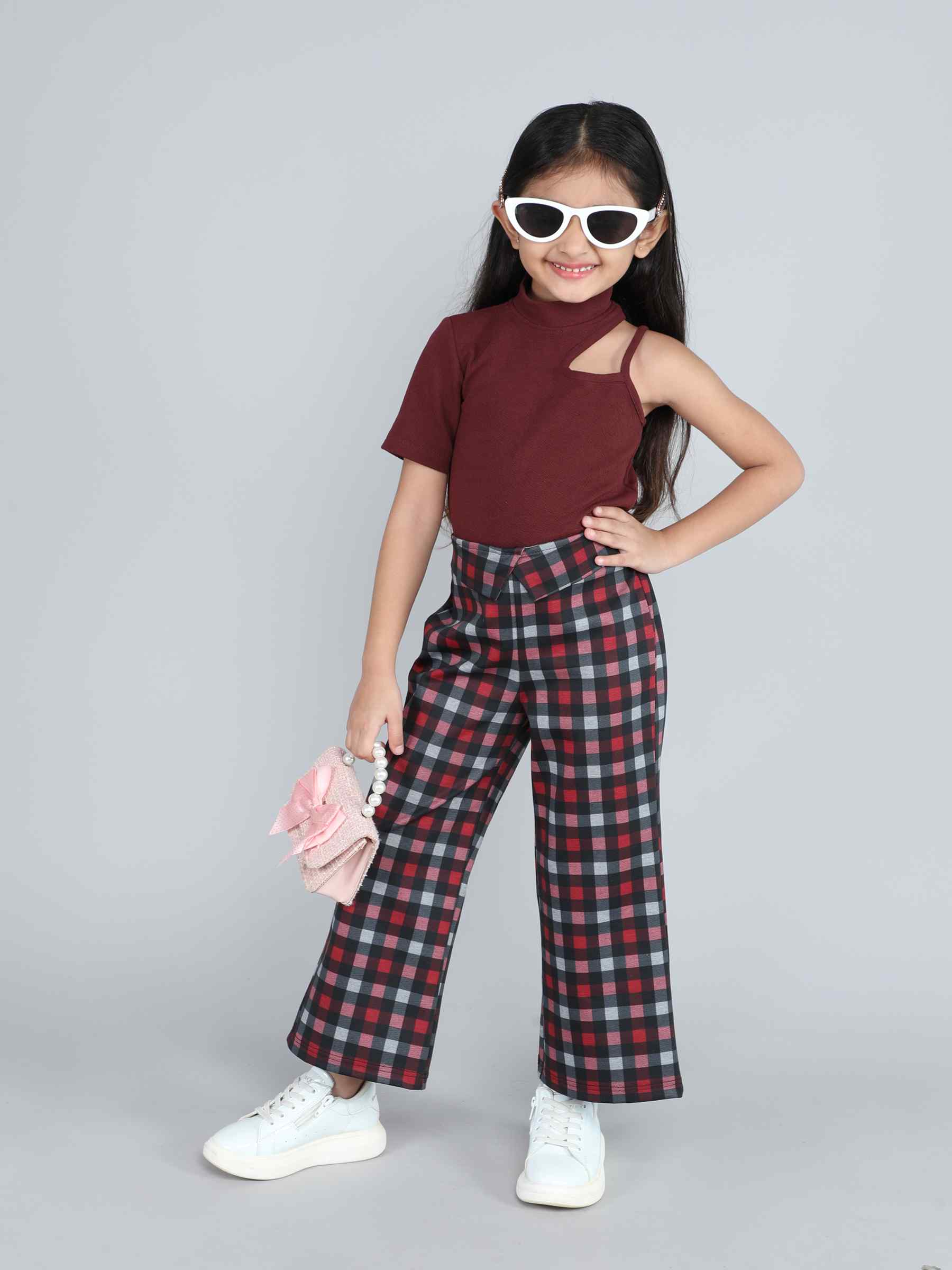 Solid asymmetric neck half sleeves crop top and checks printed fold over pant set-Maroon/Multi