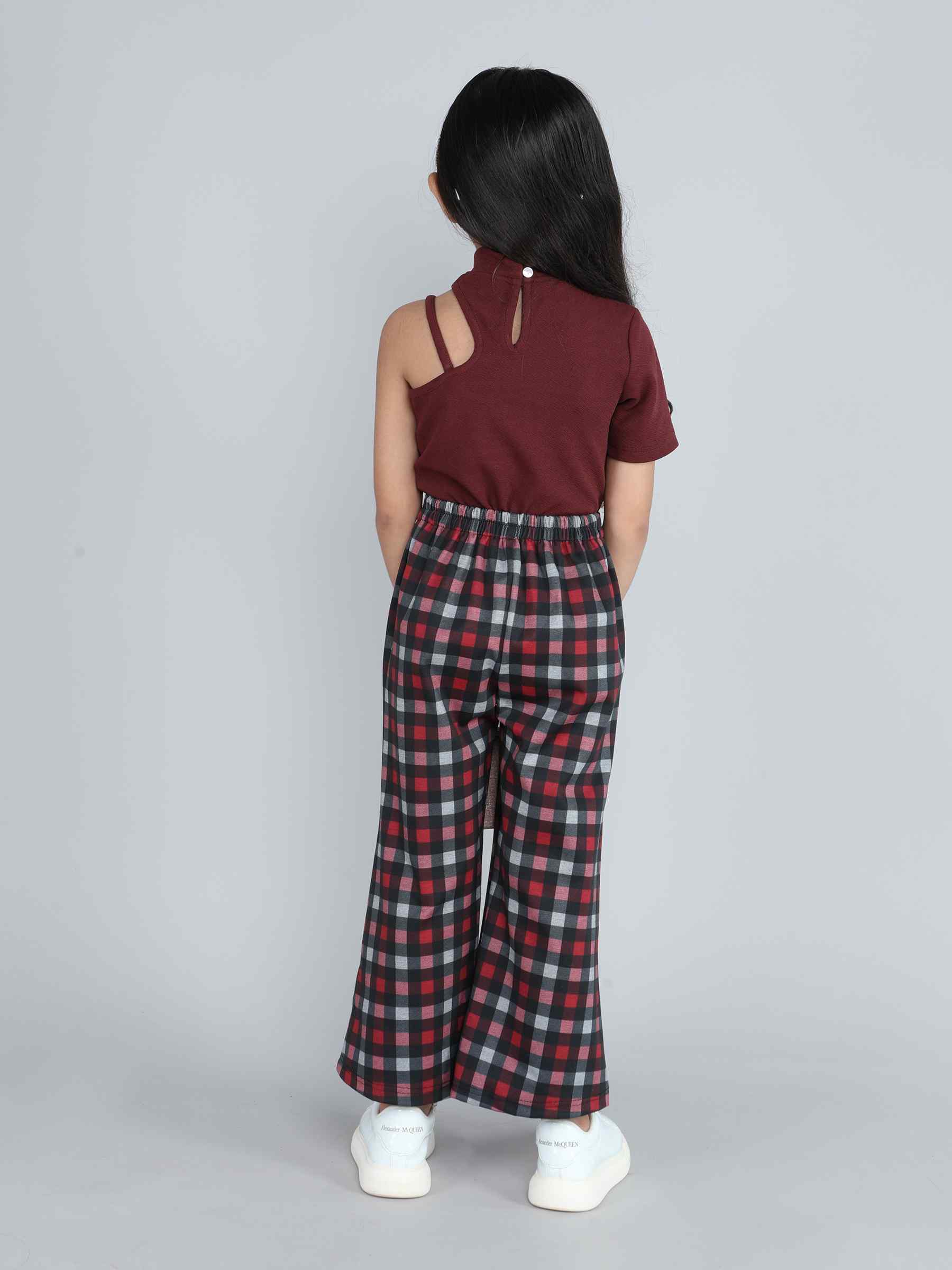 Solid asymmetric neck half sleeves crop top and checks printed fold over pant set-Maroon/Multi